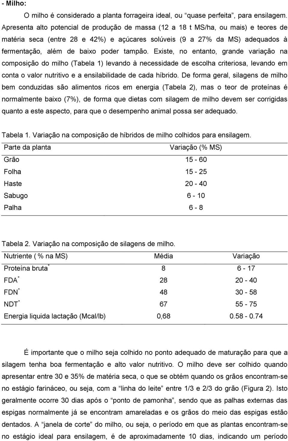 tampão. Existe, no entanto, grande variação na composição do milho (Tabela 1) levando à necessidade de escolha criteriosa, levando em conta o valor nutritivo e a ensilabilidade de cada híbrido.