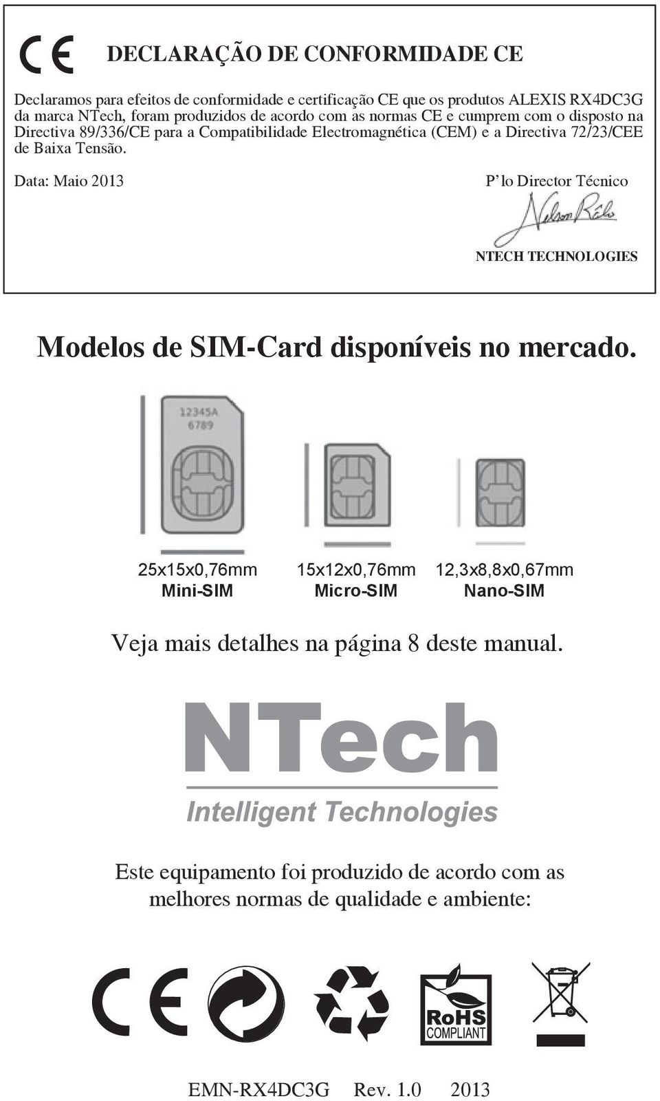 Data: Maio 2013 P lo Director Técnico NTECH TECHNOLOGIES Modelos de SIM-Card disponíveis no mercado.