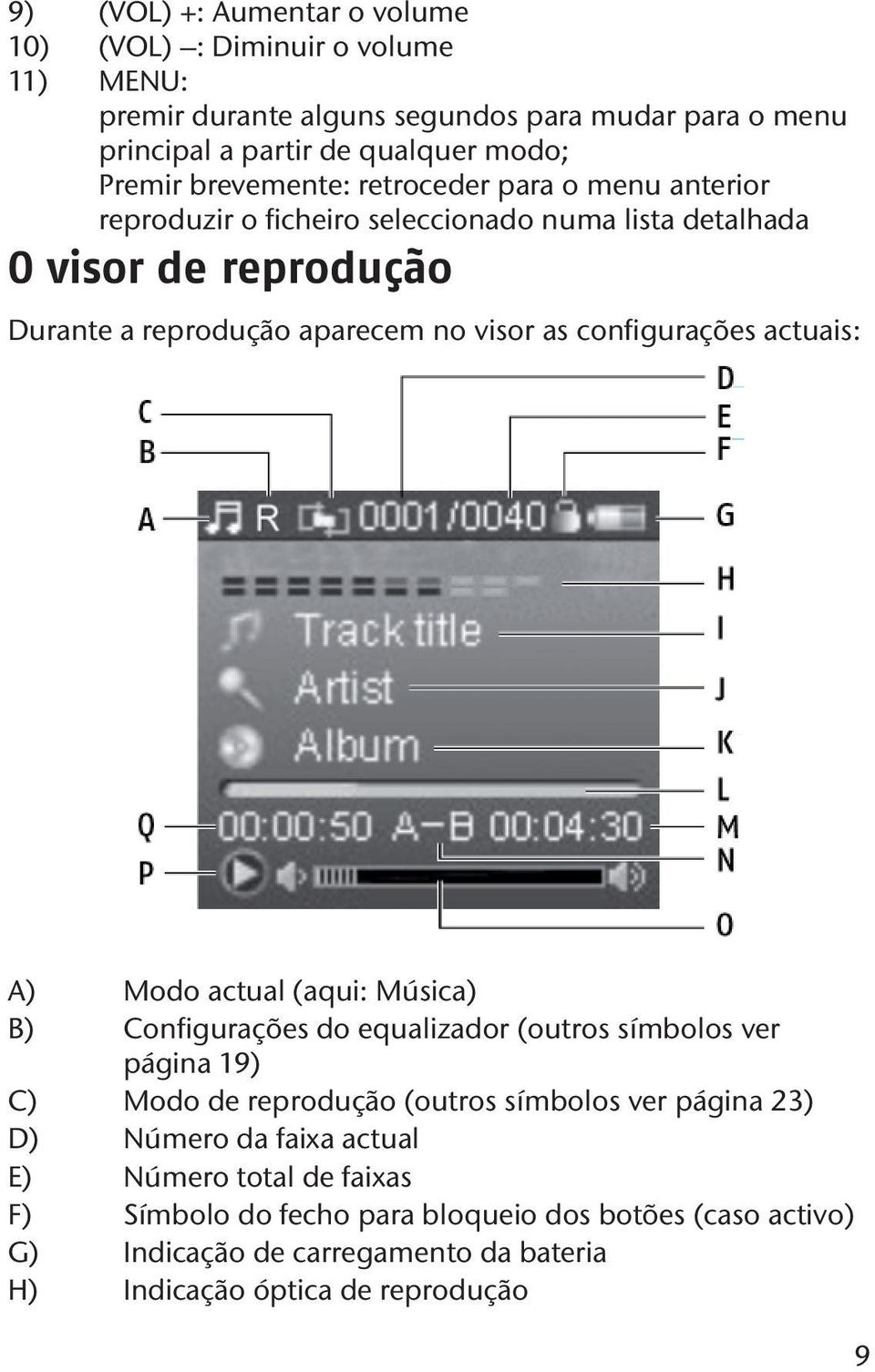 configurações actuais: A) Modo actual (aqui: Música) B) Configurações do equalizador (outros símbolos ver página 19) C) Modo de reprodução (outros símbolos ver página 23)