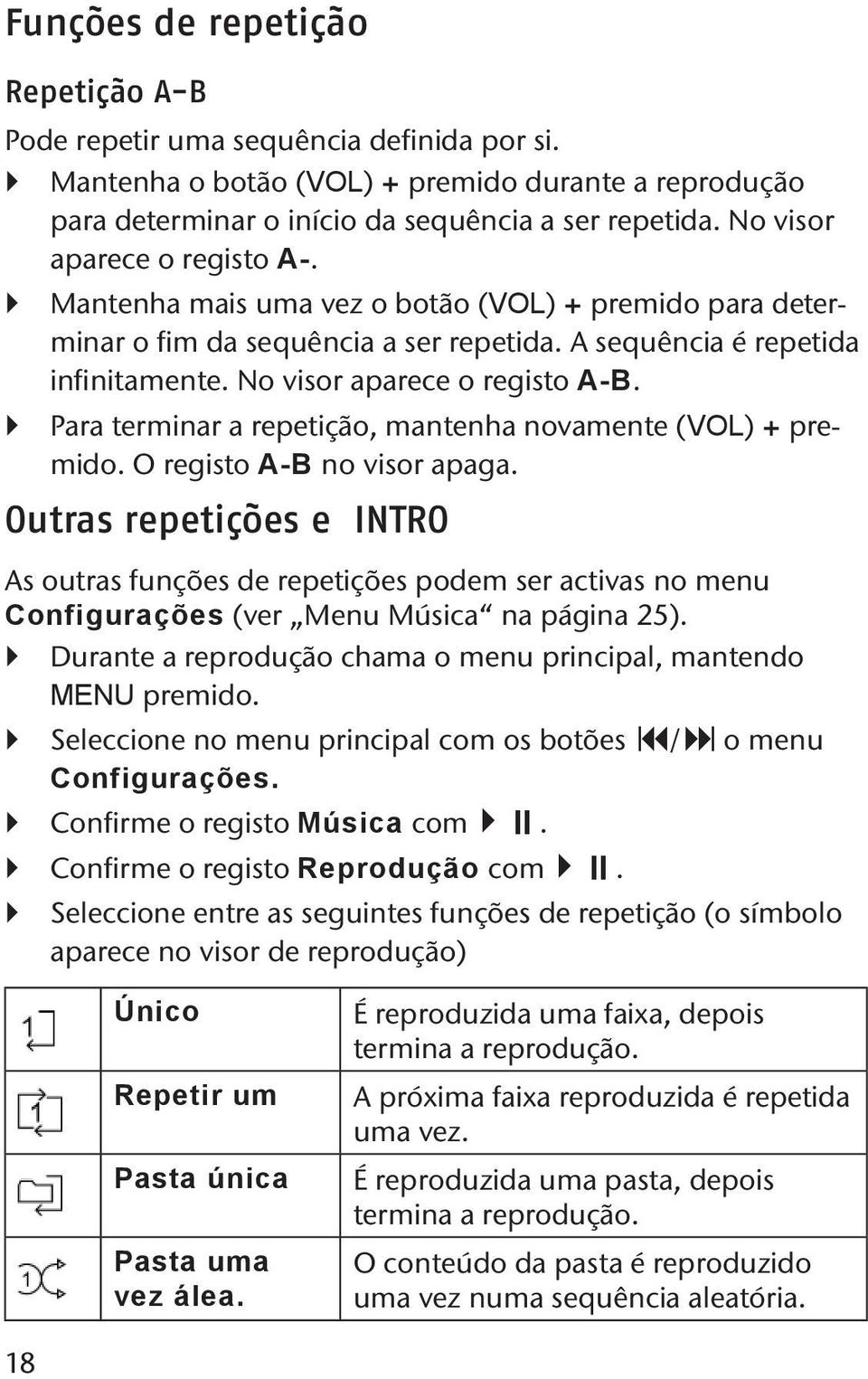 Para terminar a repetição, mantenha novamente (VOL) + premido. O registo A-B no visor apaga.