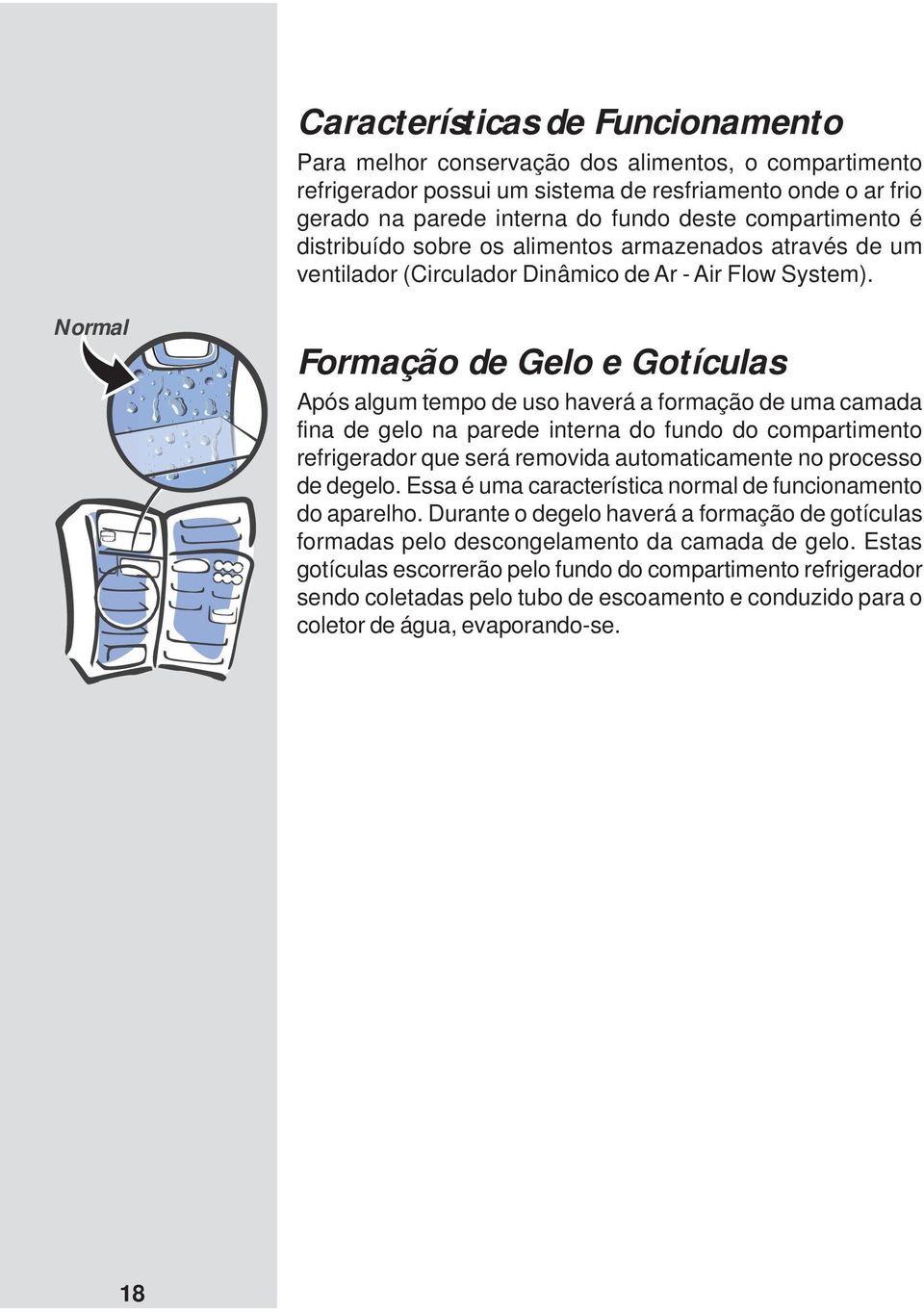 Normal Formação de Gelo e Gotículas Após algum tempo de uso haverá a formação de uma camada fina de gelo na parede interna do fundo do compartimento refrigerador que será removida automaticamente no