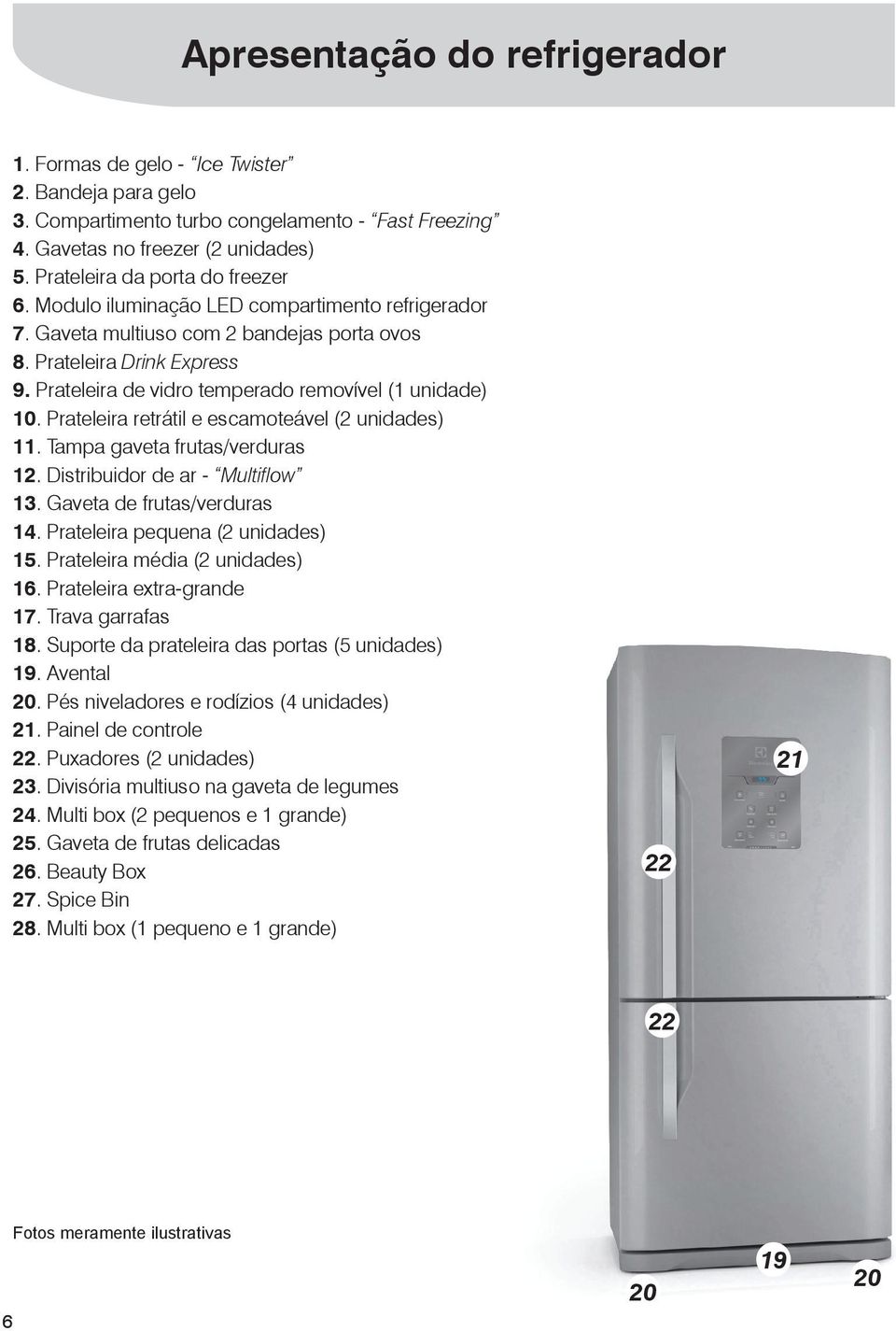 Prateleira de vidro temperado removível (1 unidade) 10. Prateleira retrátil e escamoteável (2 unidades) 11. Tampa gaveta frutas/verduras 12. Distribuidor de ar - Multiflow 13.