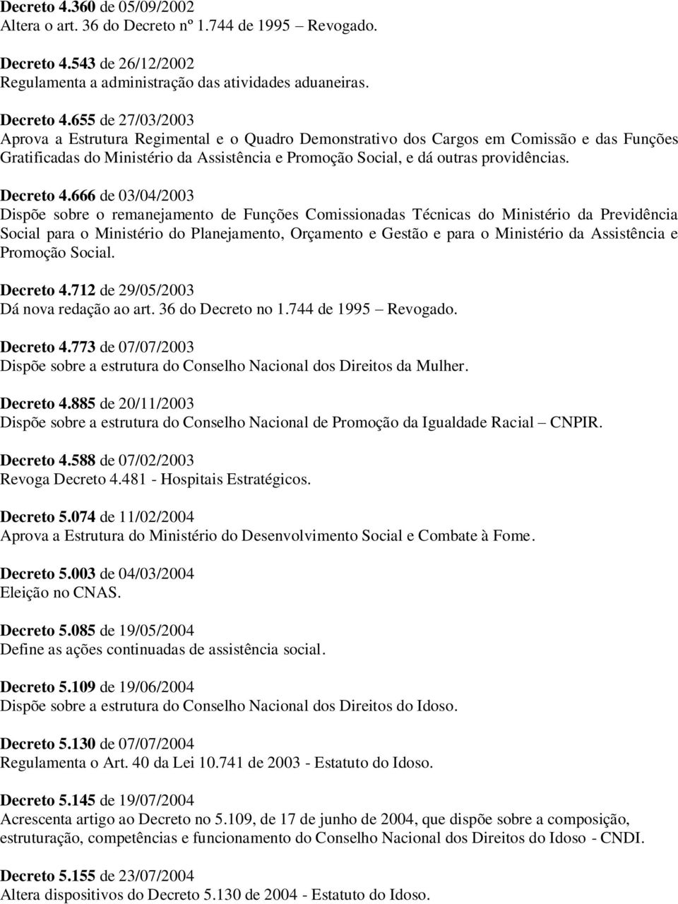 655 de 27/03/2003 Aprova a Estrutura Regimental e o Quadro Demonstrativo dos Cargos em Comissão e das Funções Gratificadas do Ministério da Assistência e Promoção Social, e dá outras providências.