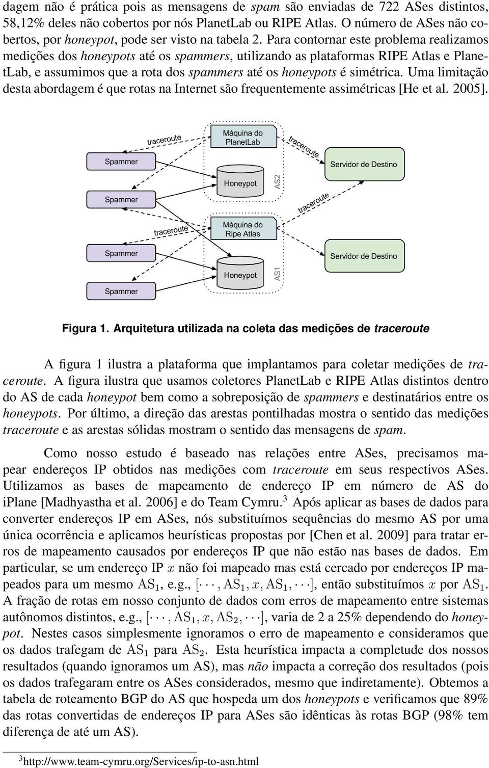 Para contornar este problema realizamos medições dos honeypots até os spammers, utilizando as plataformas RIPE Atlas e PlanetLab, e assumimos que a rota dos spammers até os honeypots é simétrica.