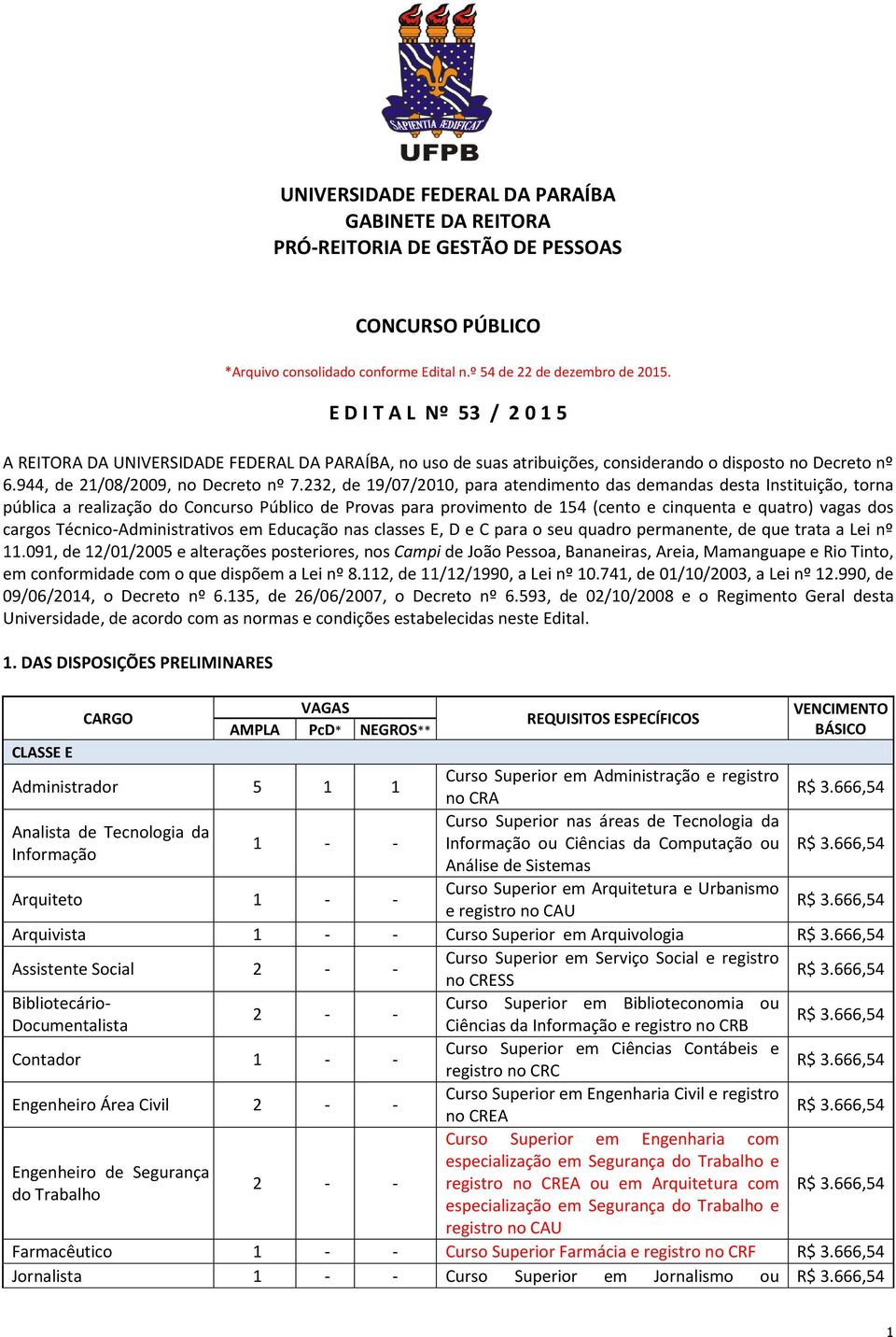 232, de 19/07/2010, para atendimento das demandas desta Instituição, torna pública a realização do Concurso Público de Provas para provimento de 154 (cento e cinquenta e quatro) vagas dos cargos