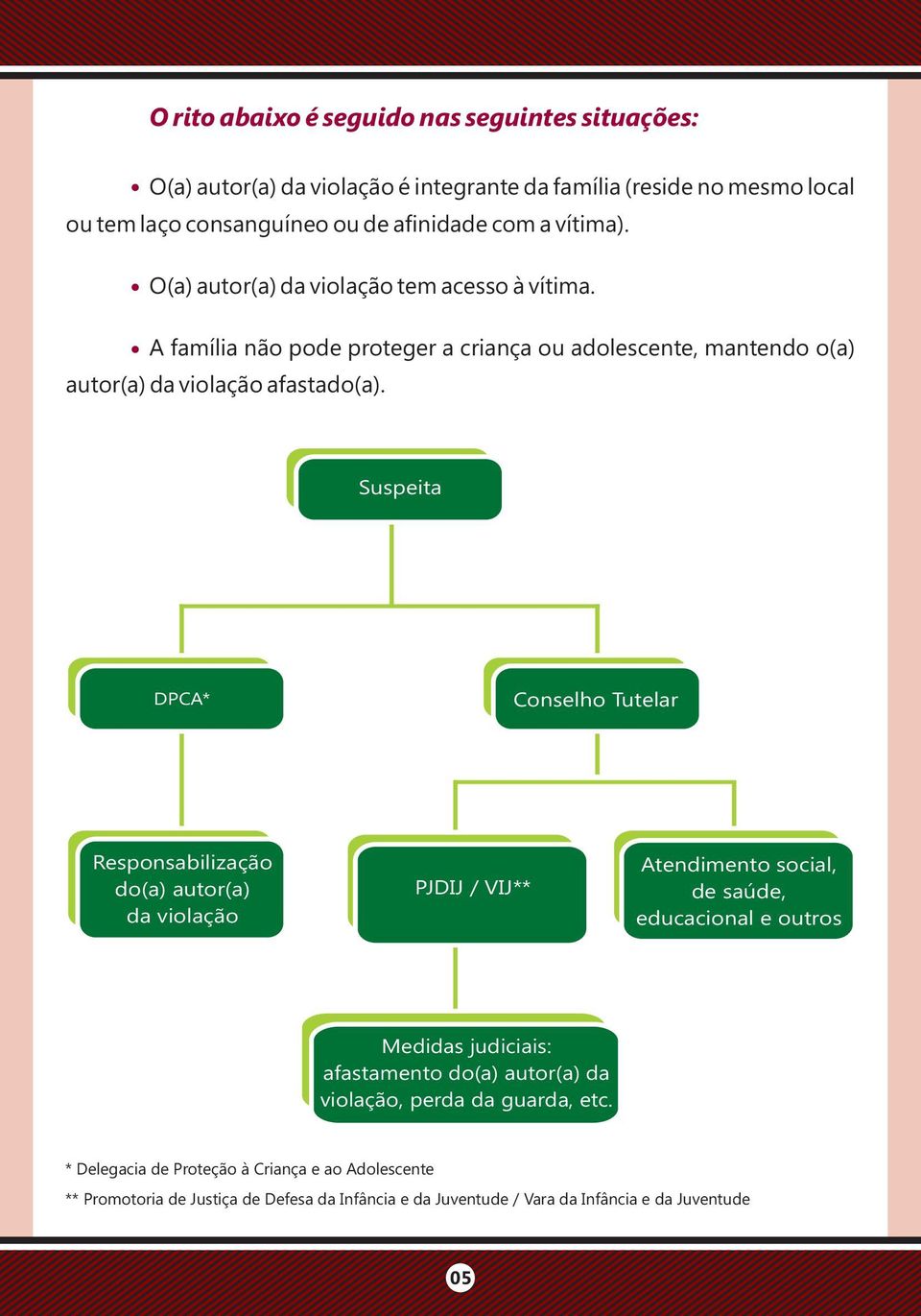 Suspeita DPCA* Conselho Tutelar Responsabilização do(a) autor(a) da violação PJDIJ / VIJ** Atendimento social, de saúde, educacional e outros Medidas judiciais: afastamento