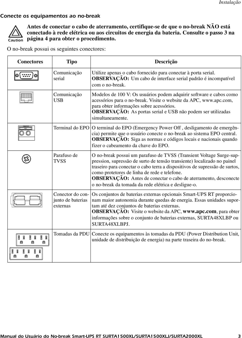 O no-break possui os seguintes conectores: Conectores Tipo Descrição Comunicação serial Comunicação USB Utilize apenas o cabo fornecido para conectar à porta serial.