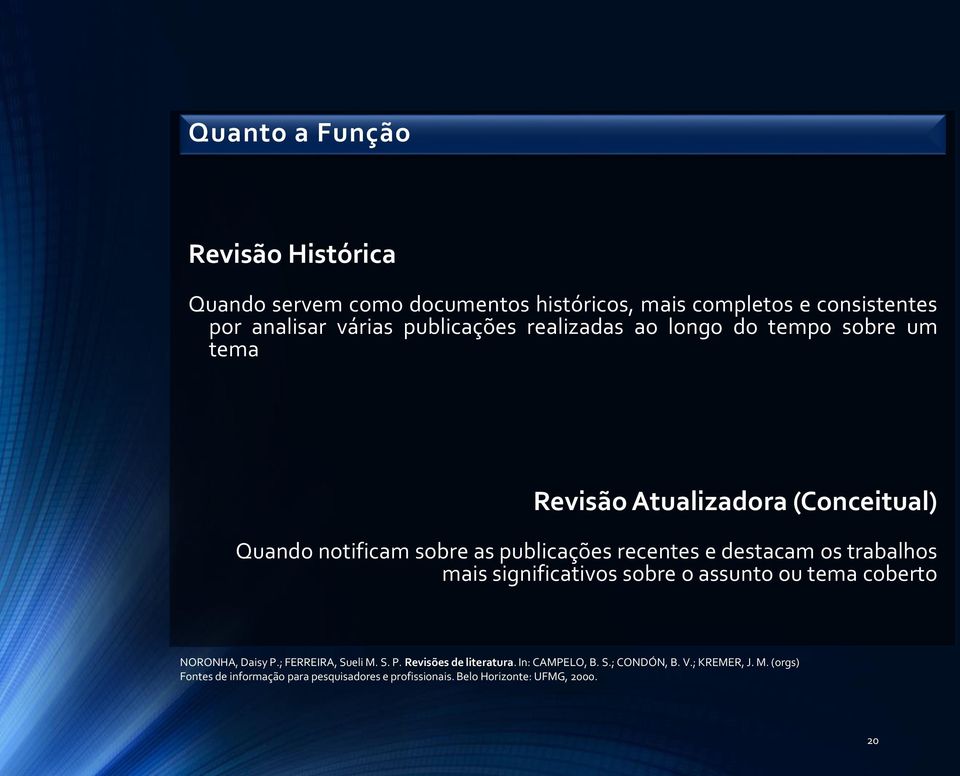 trabalhos mais significativos sobre o assunto ou tema coberto NORONHA, Daisy P.; FERREIRA, Sueli M. S. P. Revisões de literatura.