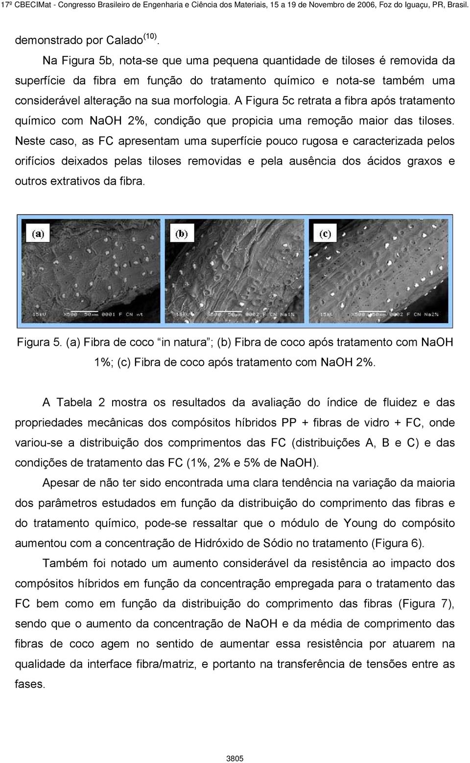 A Figura 5c retrata a fibra após tratamento químico com NaOH, condição que propicia uma remoção maior das tiloses.