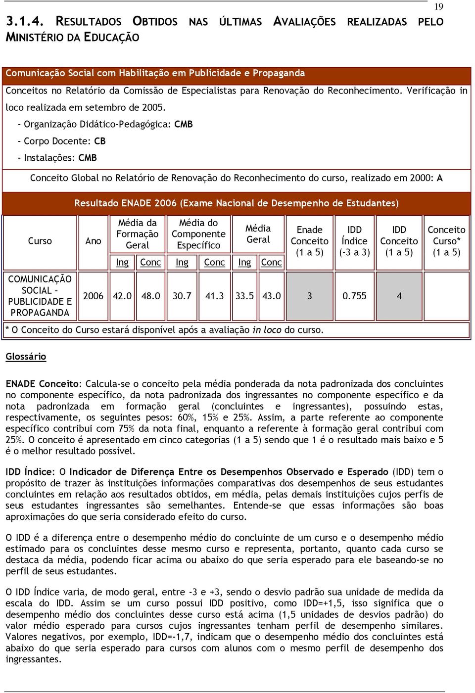 para Renovação do Reconhecimento. Verificação in loco realizada em setembro de 2005.