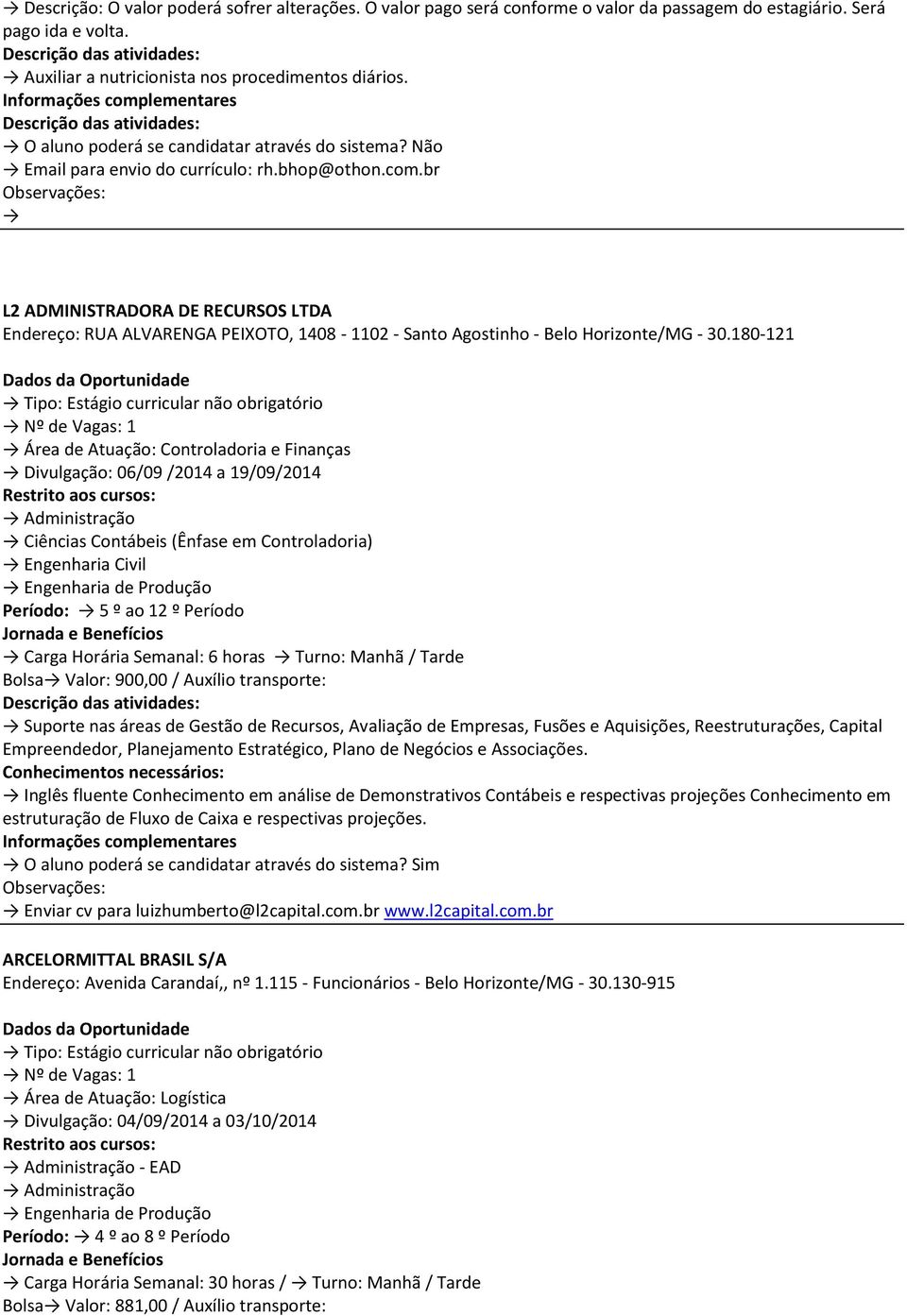 180-121 Área de Atuação: Controladoria e Finanças Divulgação: 06/09 /2014 a 19/09/2014 Ciências Contábeis (Ênfase em Controladoria) Engenharia Civil Engenharia de Produção 5 º ao 12 º Período Carga