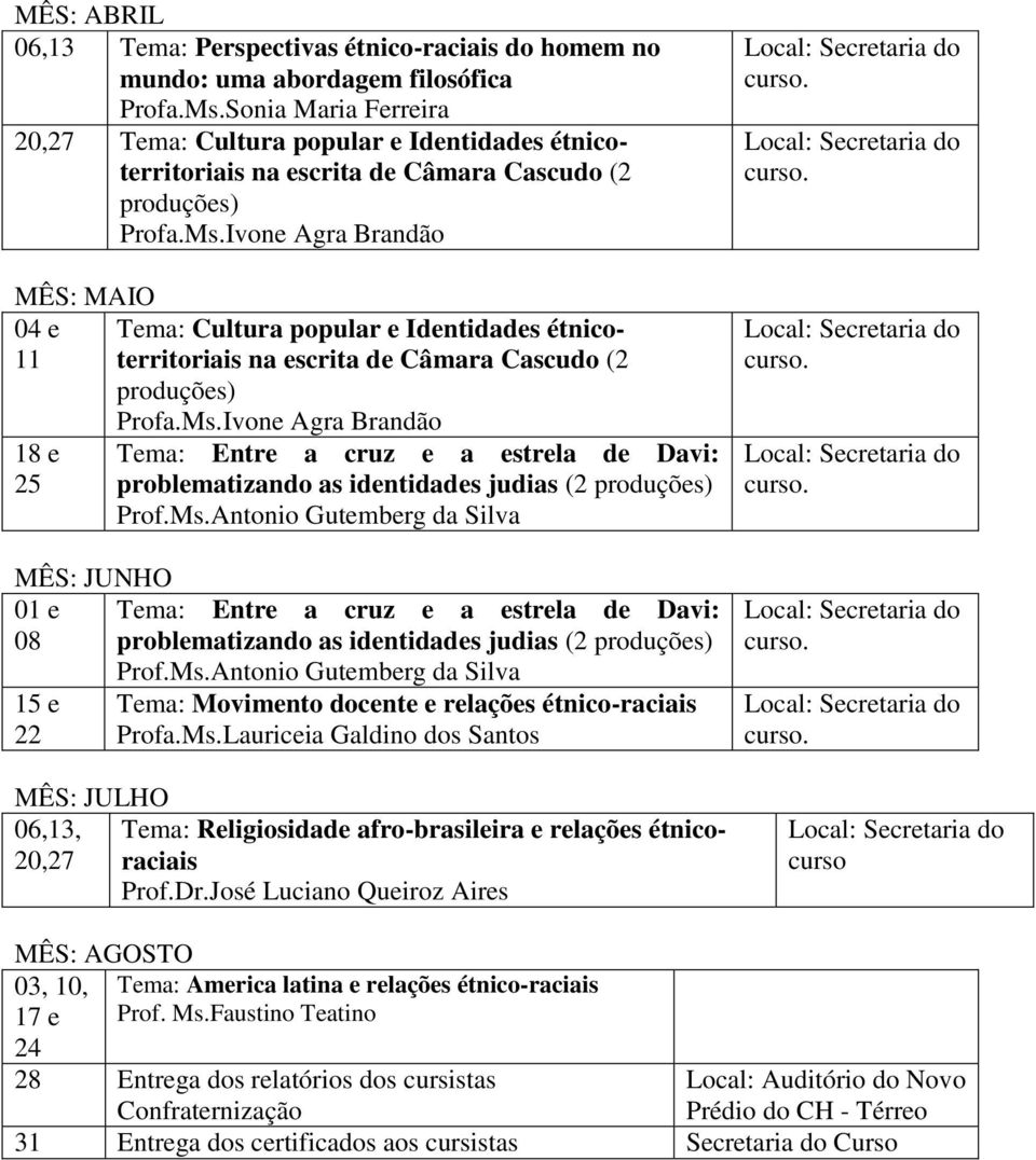 Ivone Agra Brandão MÊS: MAIO 04 e Tema: Cultura popular e Identidades étnicoterritoriais na escrita de Câmara Cascudo (2 11 produções) 18 e 25 Profa.Ms.