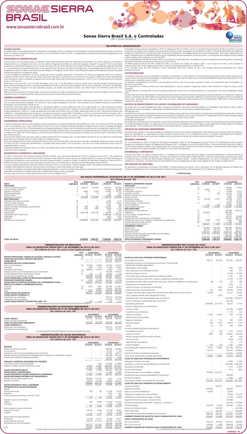 relativas aos exercícios sociais encerrados em 31 de dezembro de 2012 e de 2011, acompanhados do Relatório dos Auditores Independentes e do Parecer do Conselho Fiscal.