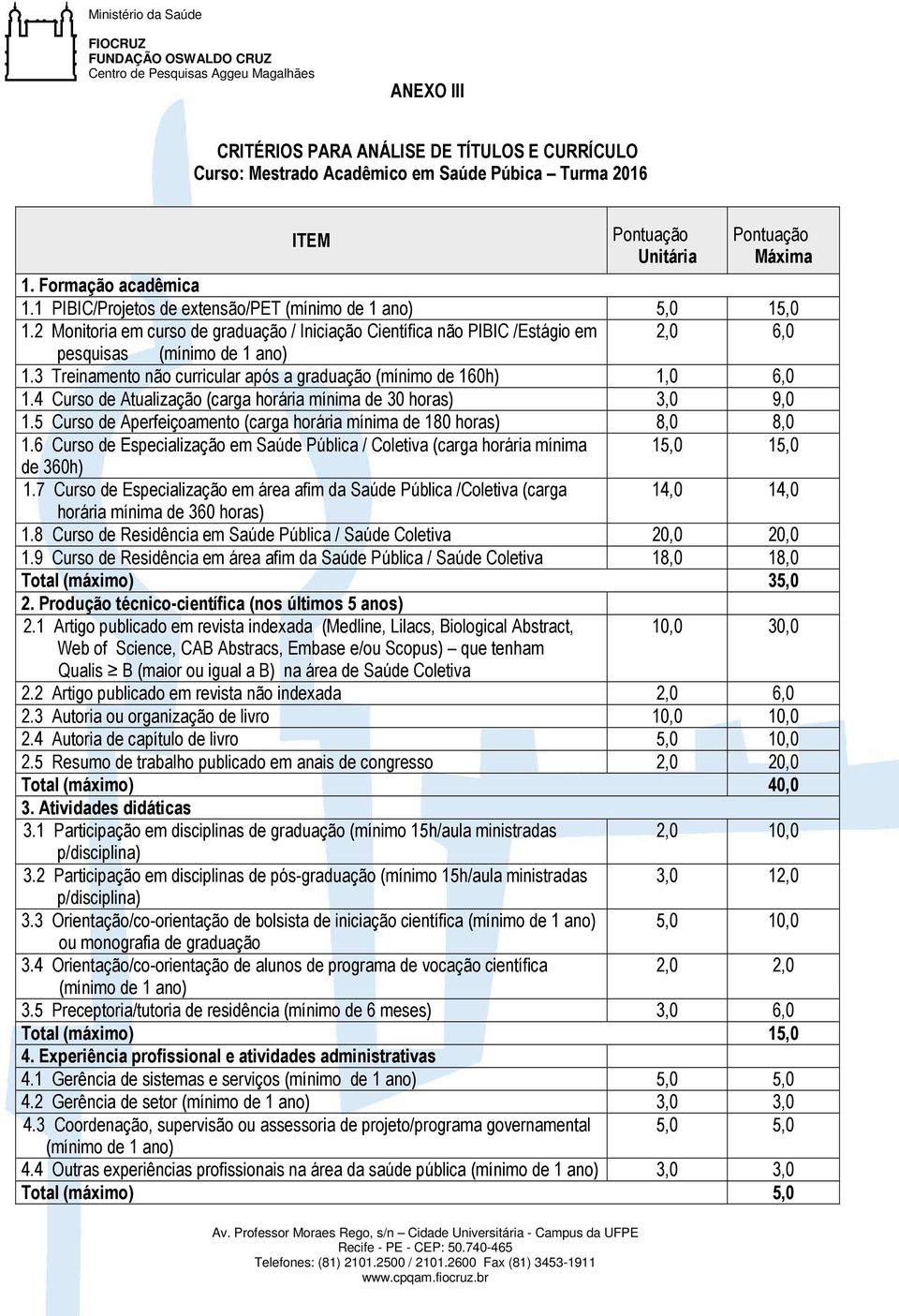 3 Treinamento não curricular após a graduação (mínimo de 160h) 1,0 6,0 1.4 Curso de Atualização (carga horária mínima de 30 horas) 3,0 9,0 1.