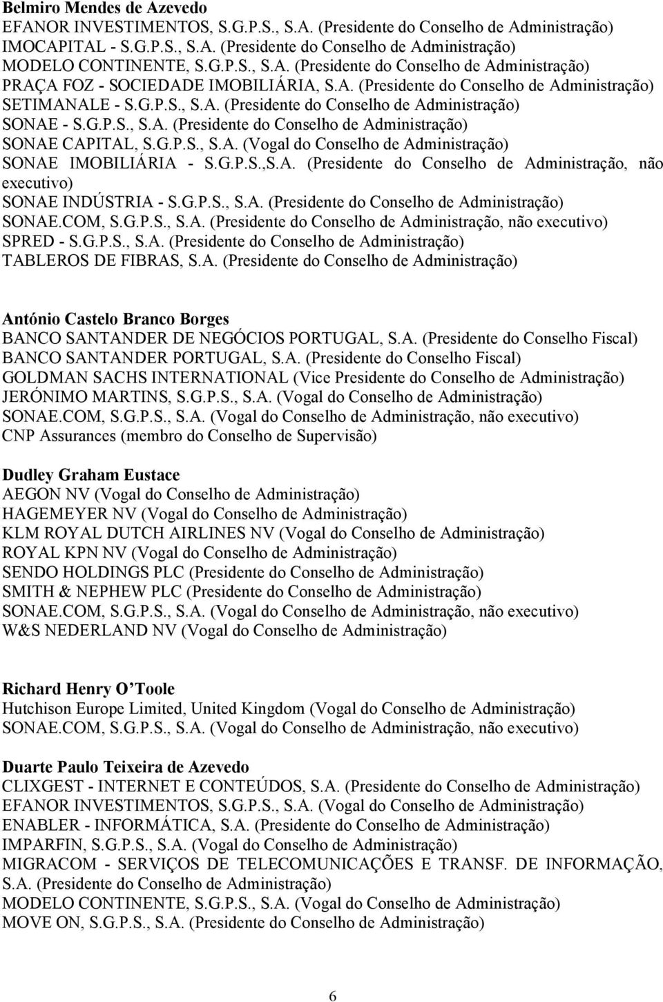 G.P.S.,S.A. (Presidente do Conselho de Administração, não executivo) SONAE INDÚSTRIA - S.G.P.S., S.A. (Presidente do Conselho de Administração) SONAE.COM, S.G.P.S., S.A. (Presidente do Conselho de Administração, não executivo) SPRED - S.