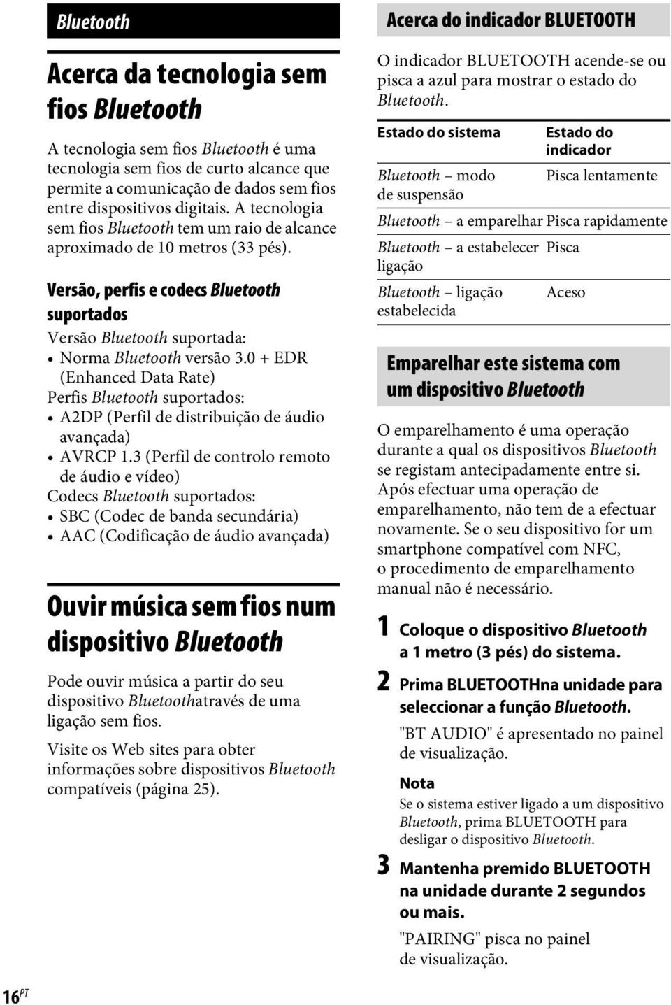 0 + EDR (Enhanced Data Rate) Perfis Bluetooth suportados: A2DP (Perfil de distribuição de áudio avançada) AVRCP 1.