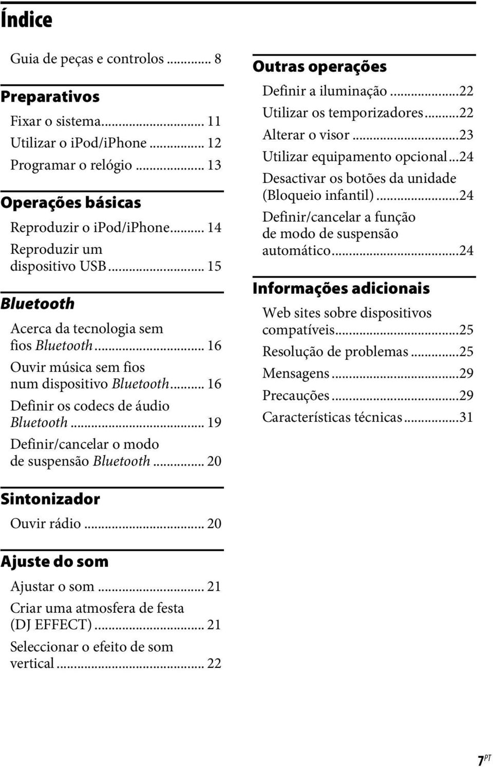 .. 19 Definir/cancelar o modo de suspensão Bluetooth... 20 Outras operações Definir a iluminação...22 Utilizar os temporizadores...22 Alterar o visor...23 Utilizar equipamento opcional.