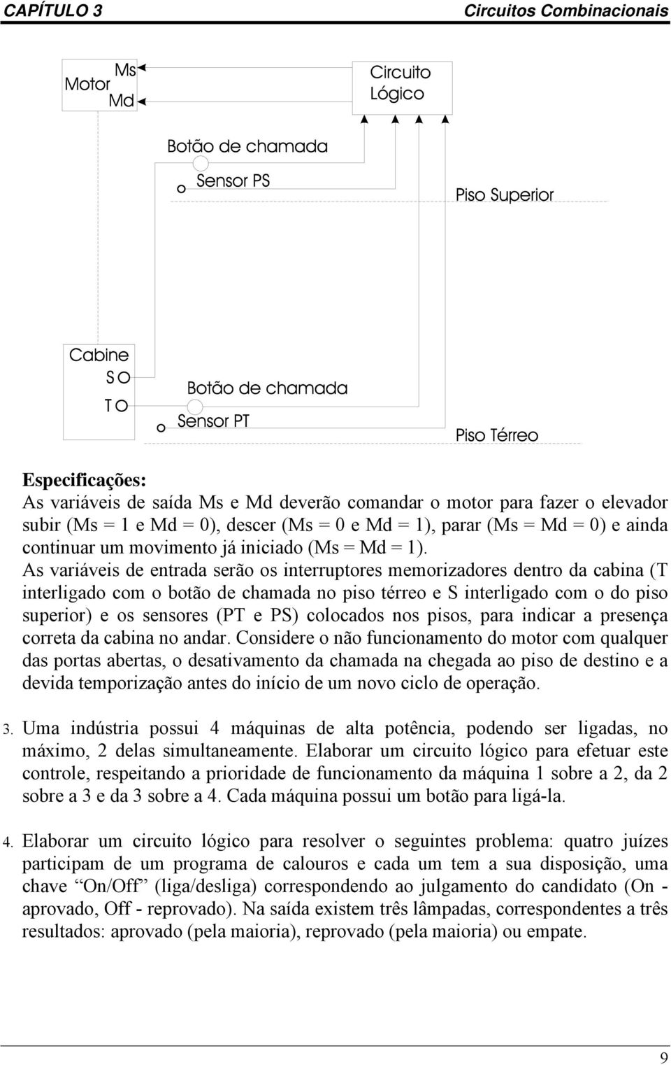 As variáveis de entrada serão os interruptores memorizadores dentro da cabina (T interligado com o botão de chamada no piso térreo e S interligado com o do piso superior) e os sensores (PT e PS)