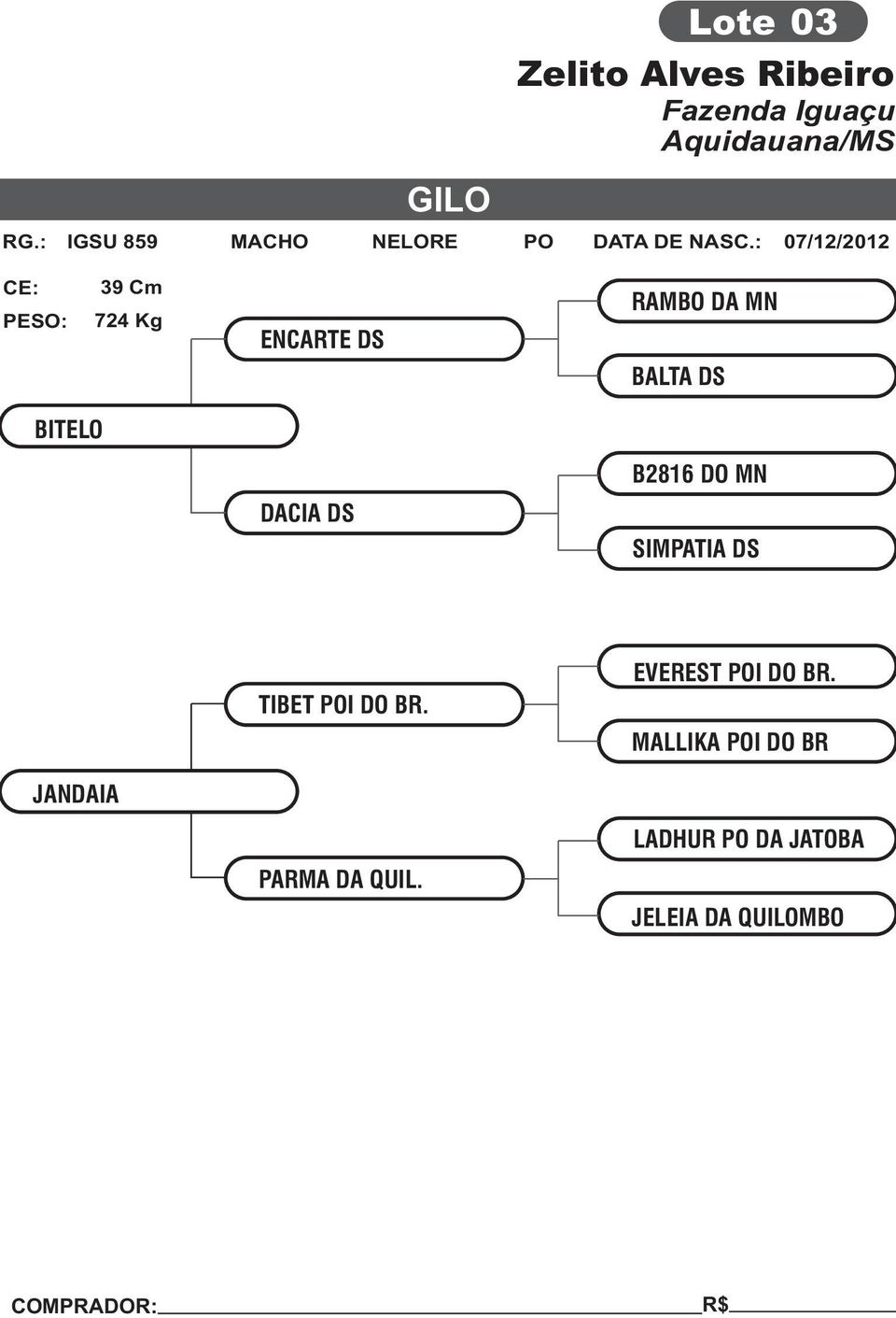 : 07/12/2012 39 Cm 724 Kg ENCARTE DS RAMBO DA MN BALTA DS BITELO DACIA DS B2816