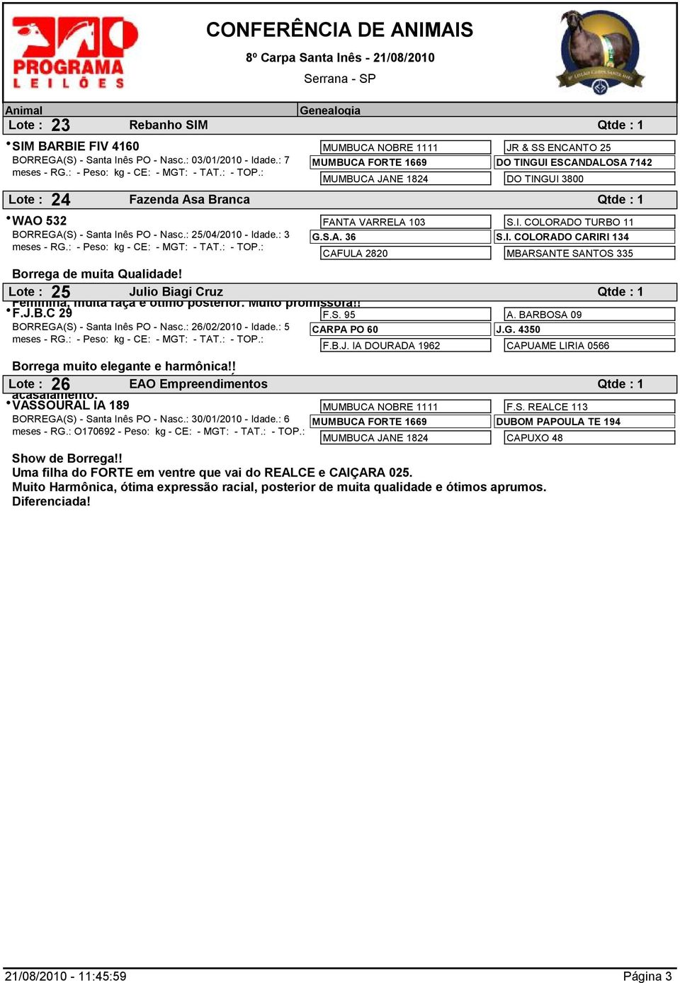 Idade: 3 FANTA VARRELA 103 SI COLORADO TURBO 11 GSA 36 SI COLORADO CARIRI 134 CAFULA 2820 MBARSANTE SANTOS 335 Borrega de muita Qualidade!