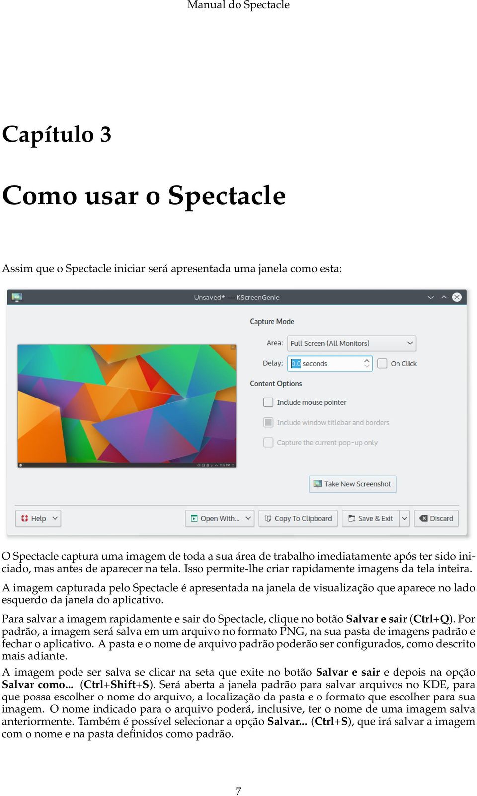 A imagem capturada pelo Spectacle é apresentada na janela de visualização que aparece no lado esquerdo da janela do aplicativo.