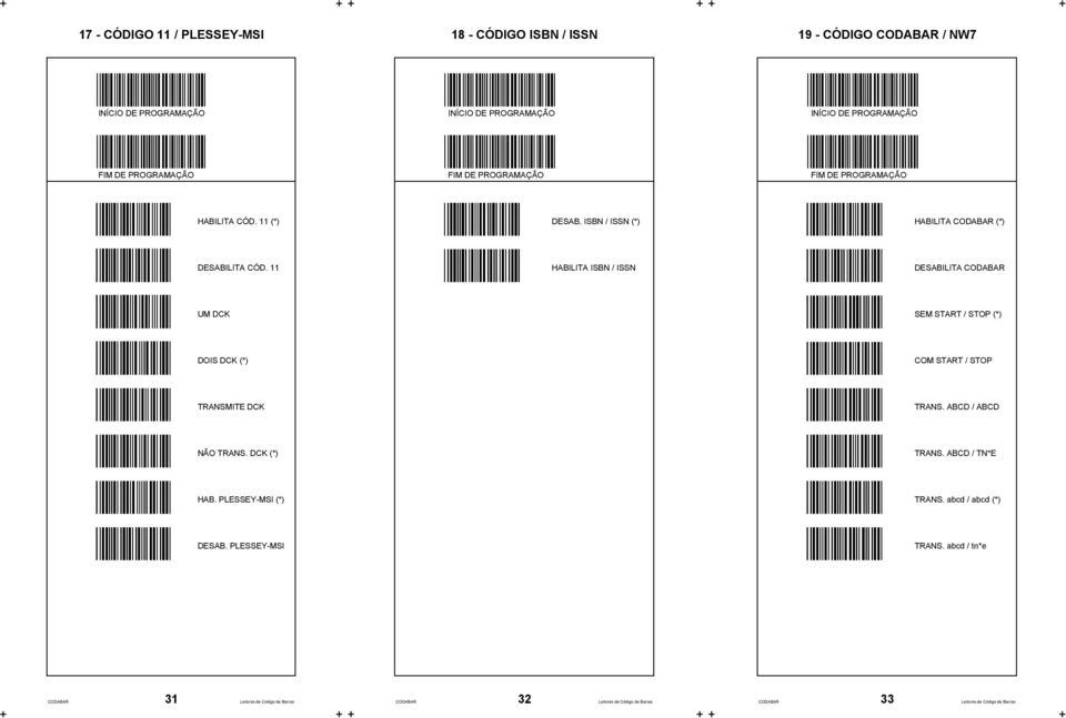 11 HABILITA ISBN / ISSN DESABILITA CODABAR UM DCK SEM START / STOP (*) DOIS DCK (*) COM START / STOP TRANSMITE DCK TRANS.