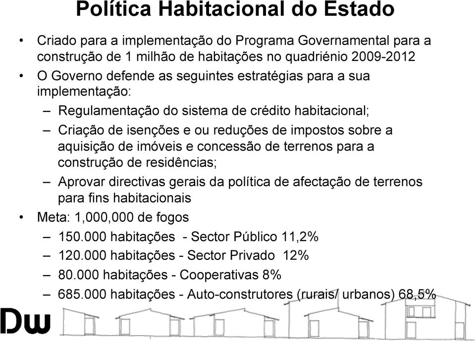 e concessão de terrenos para a construção de residências; Aprovar directivas gerais da política de afectação de terrenos para fins habitacionais Meta: 1,000,000 de fogos 150.