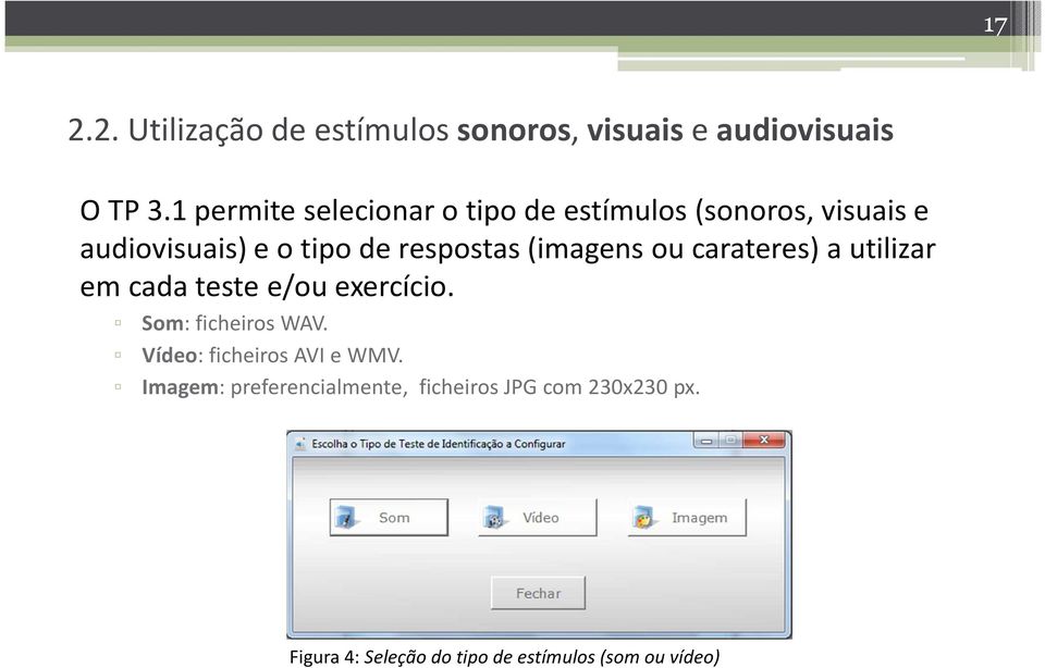 (imagens ou carateres) a utilizar em cada teste e/ou exercício. Som: ficheiros WAV.