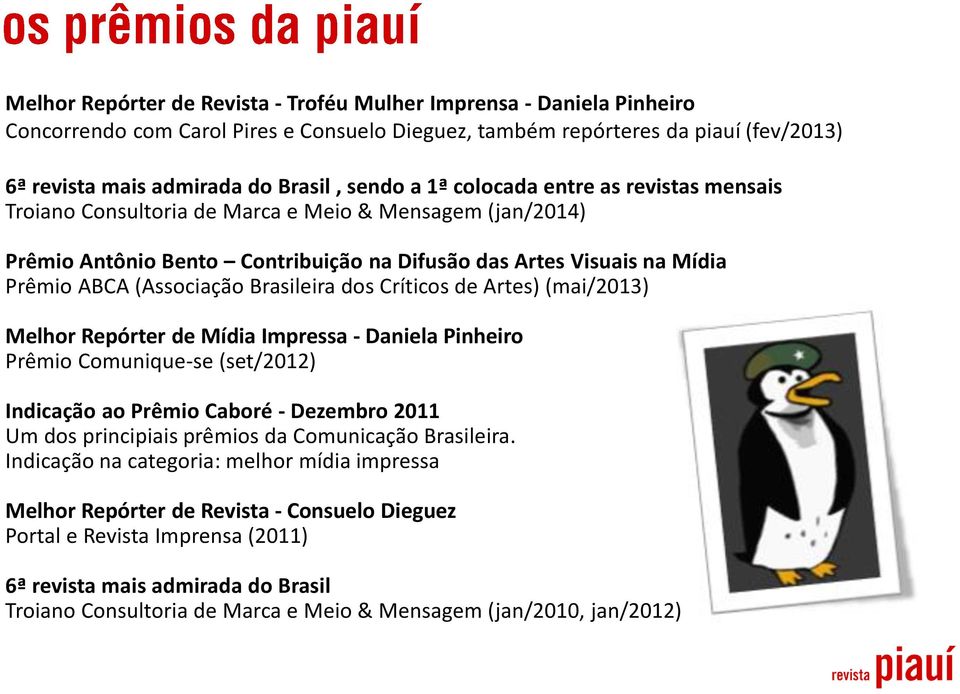 Brasileira dos Críticos de Artes) (mai/2013) Melhor Repórter de Mídia Impressa - Daniela Pinheiro Prêmio Comunique-se (set/2012) Indicação ao Prêmio Caboré - Dezembro 2011 Um dos principiais prêmios