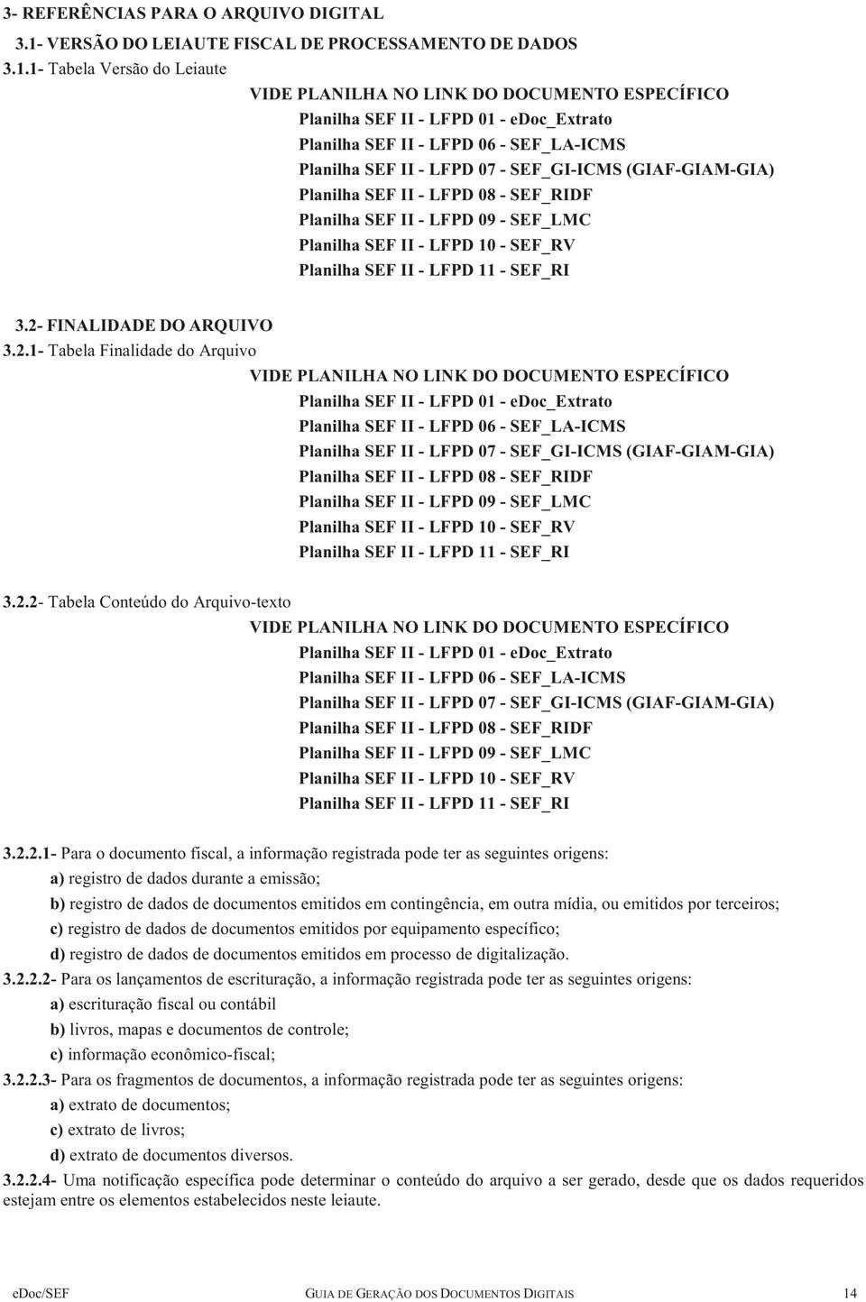 1- Tabela Versão do Leiaute VIDE PLANILHA NO LINK DO DOCUMENTO ESPECÍFICO Planilha SEF II - LFPD 01 - edoc_extrato Planilha SEF II - LFPD 06 - SEF_LA-ICMS Planilha SEF II - LFPD 07 - SEF_GI-ICMS