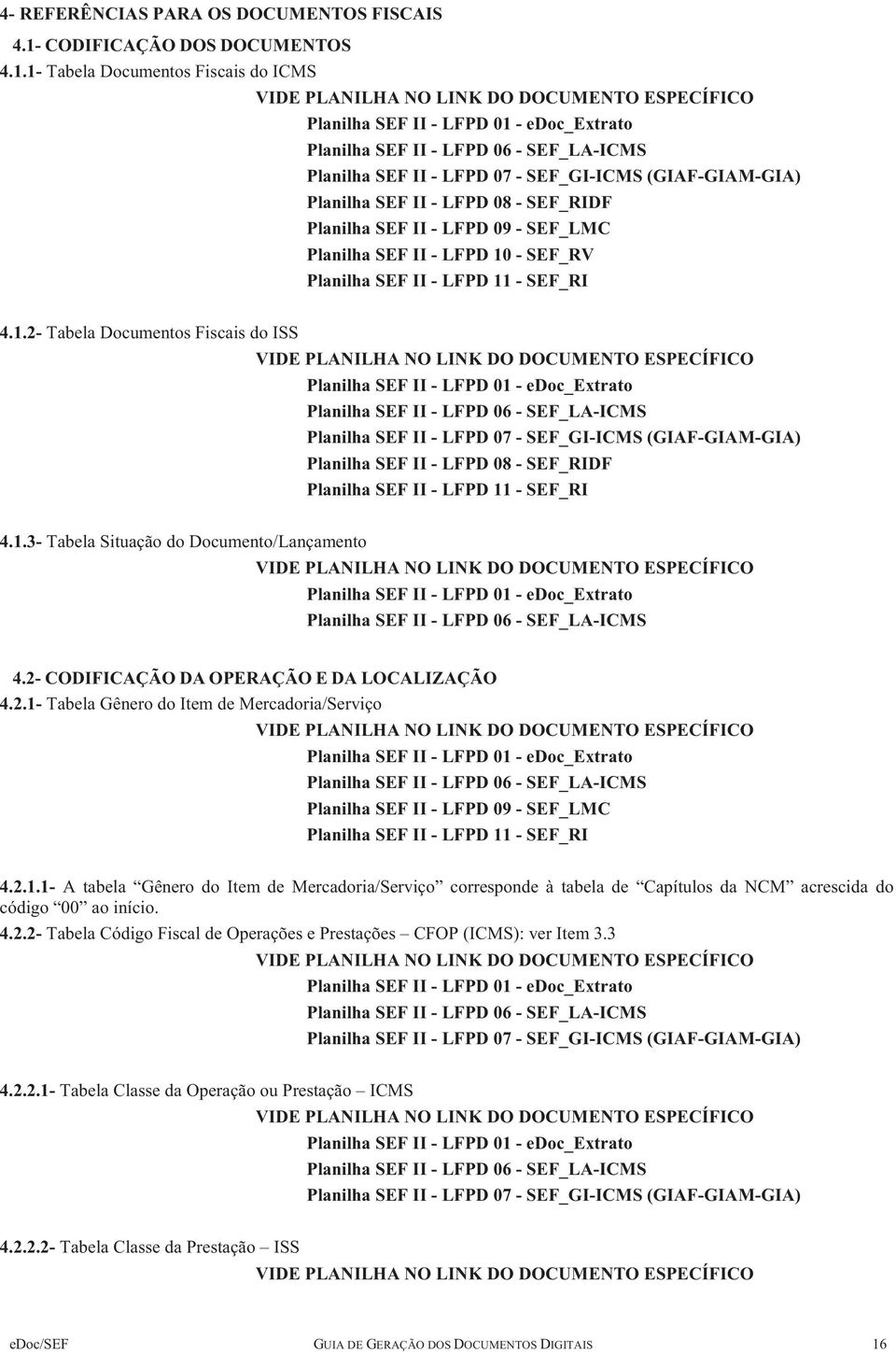 1- Tabela Documentos Fiscais do ICMS VIDE PLANILHA NO LINK DO DOCUMENTO ESPECÍFICO Planilha SEF II - LFPD 01 - edoc_extrato Planilha SEF II - LFPD 06 - SEF_LA-ICMS Planilha SEF II - LFPD 07 -