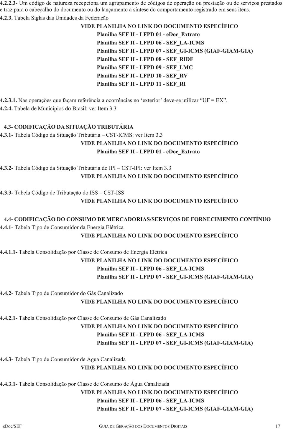 Tabela Siglas das Unidades da Federação VIDE PLANILHA NO LINK DO DOCUMENTO ESPECÍFICO Planilha SEF II - LFPD 01 - edoc_extrato Planilha SEF II - LFPD 06 - SEF_LA-ICMS Planilha SEF II - LFPD 07 -