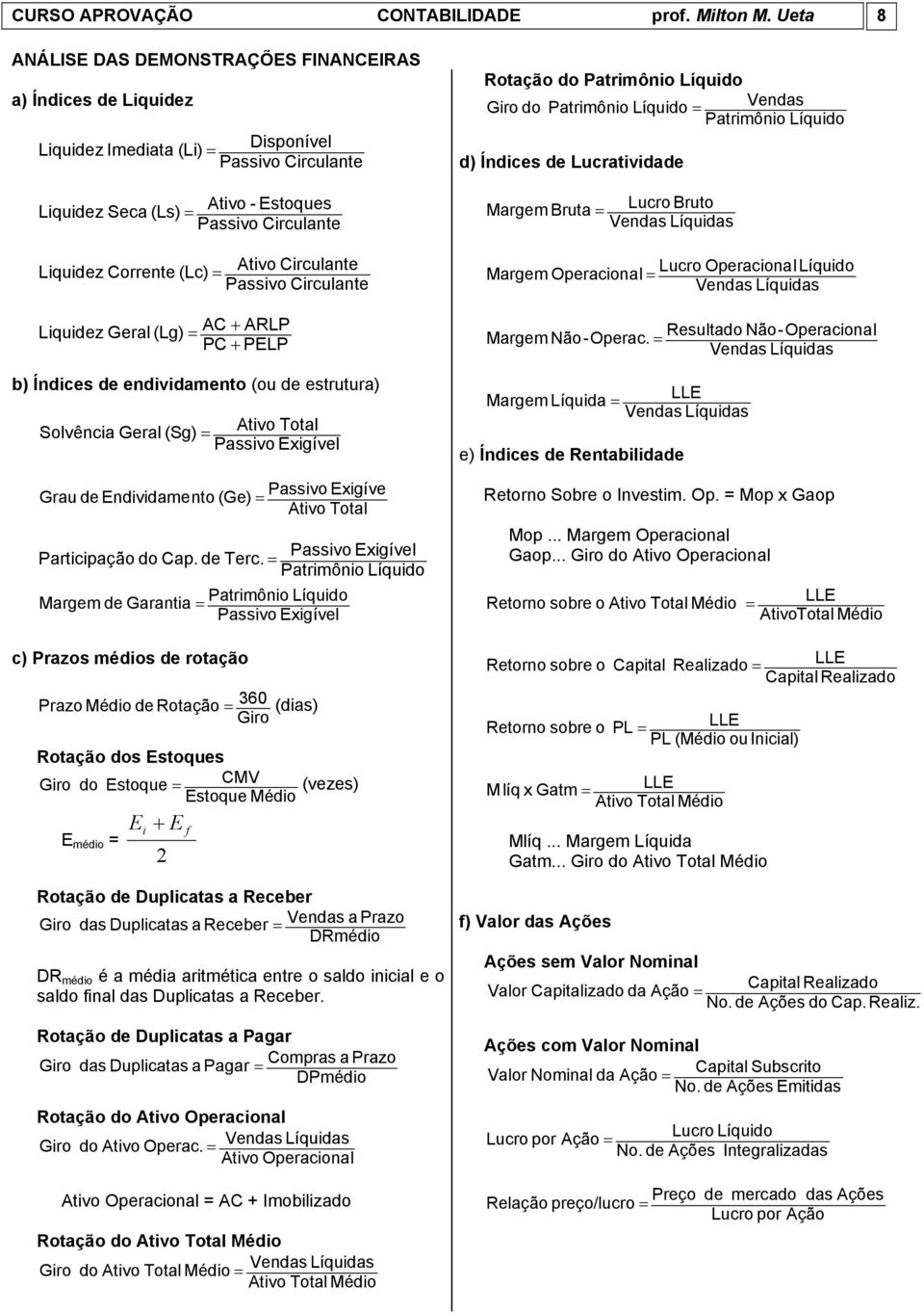 Estoques Passivo Circulante Ativo Circulante Passivo Circulante = AC + ARLP PC + PELP b) Índices de endividamento (ou de estrutura) Solvência Geral (Sg) = Ativo Total Passivo Exigível Passivo Exigíve