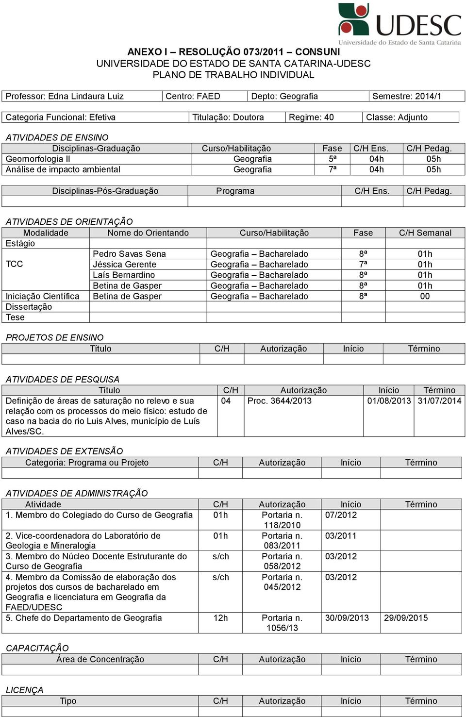 Geomorfologia II Geografia 5ª 04h 05h Análise de impacto ambiental Geografia 7ª 04h 05h Disciplinas-Pós-Graduação Programa C/H Ens. C/H Pedag.