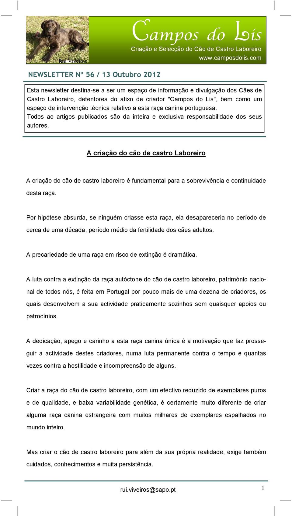 A criação do cão de castro Laboreiro A criação do cão de castro laboreiro é fundamental para a sobrevivência e continuidade desta raça.