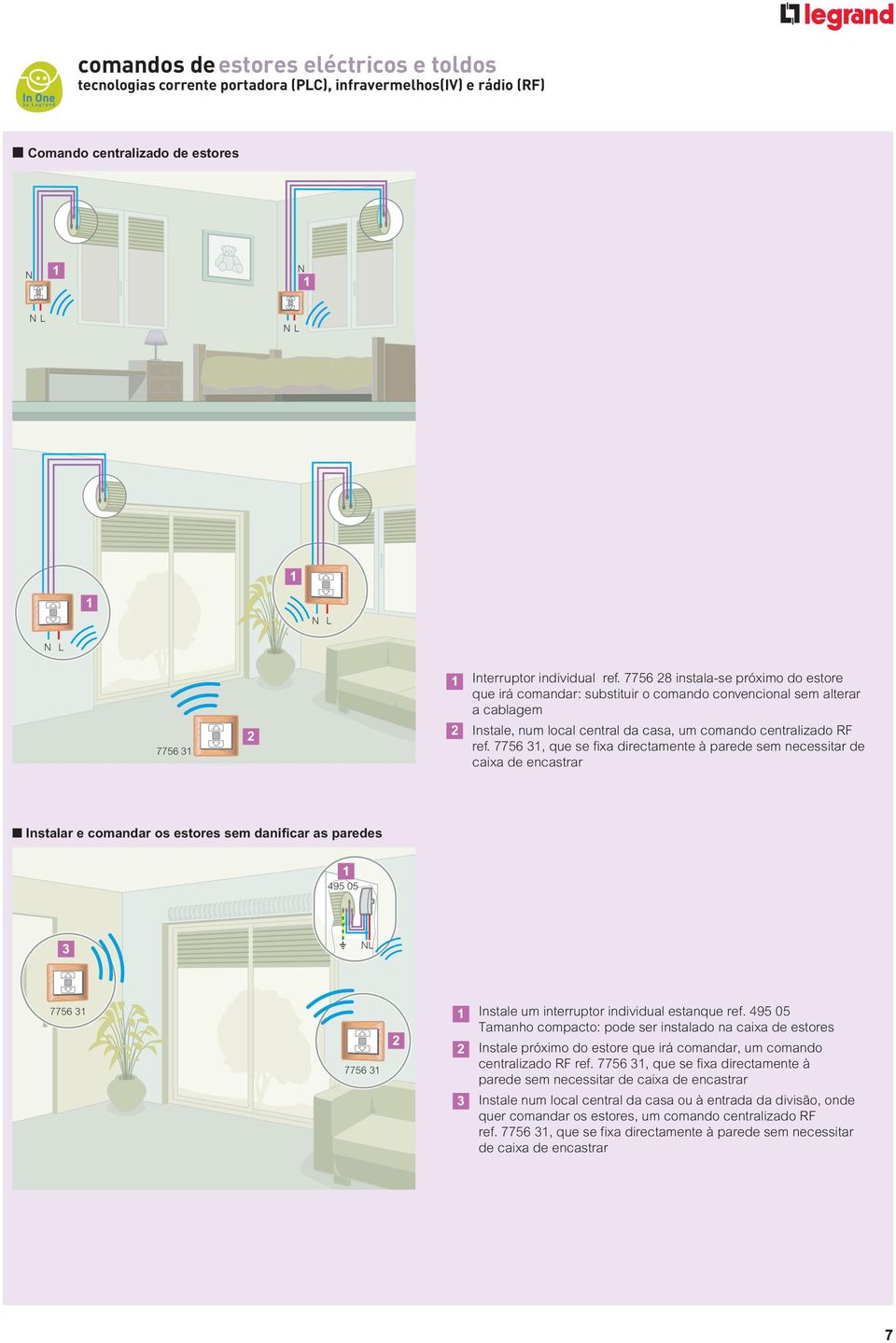 7756 8 instala-se próximo do estore que irá comandar: substituir o comando convencional sem alterar a cablagem Instale, num local central da casa, um comando centralizado RF ref.