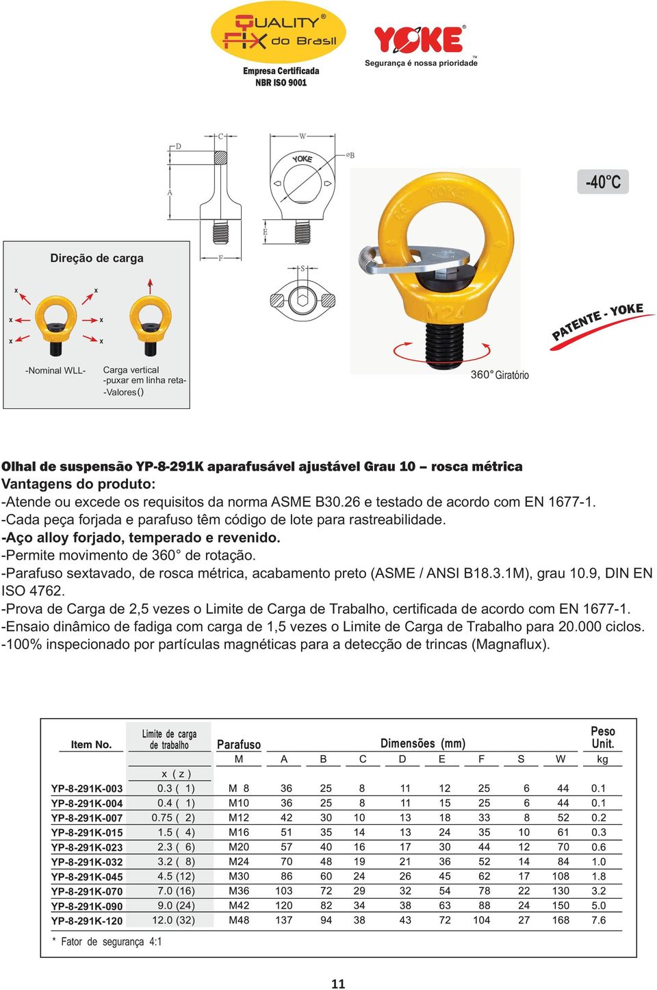 -Aço alloy forjado, temperado e revenido. -Permite movimento de 360 de rotação. -Parafuso sextavado, de rosca métrica, acabamento preto (ASME / ANSI B18.3.1M), grau 10.9, DIN EN ISO 4762.