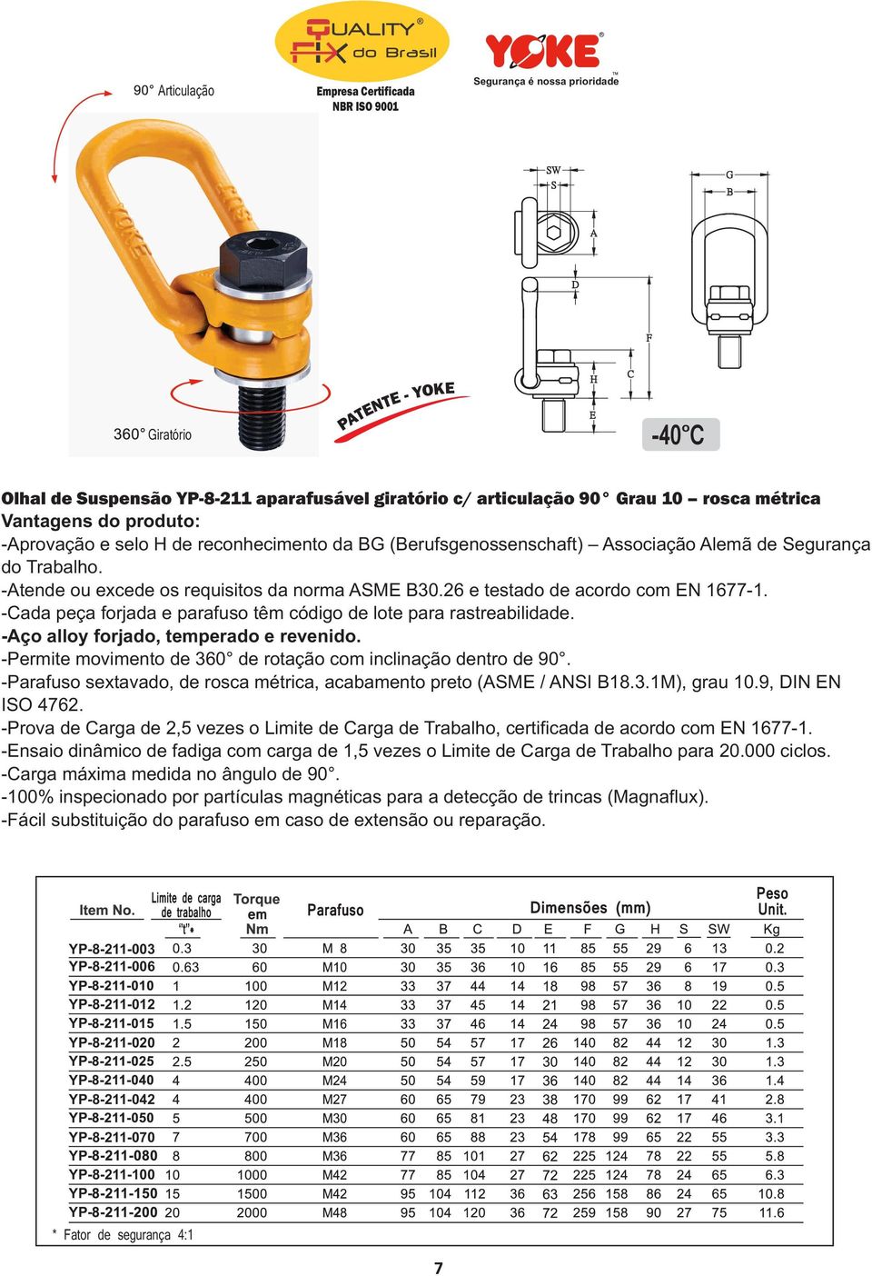 -Cada peça forjada e parafuso têm código de lote para rastreabilidade. -Aço alloy forjado, temperado e revenido. -Permite movimento de 360 de rotação com inclinação dentro de 90.