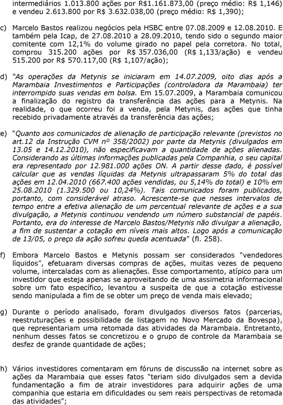 036,00 (R$ 1,133/ação) e vendeu 515.200 por R$ 570.117,00 (R$ 1,107/ação); d) As operações da Metynis se iniciaram em 14.07.2009, oito dias após a Marambaia Investimentos e Participações (controladora da Marambaia) ter interrompido suas vendas em bolsa.