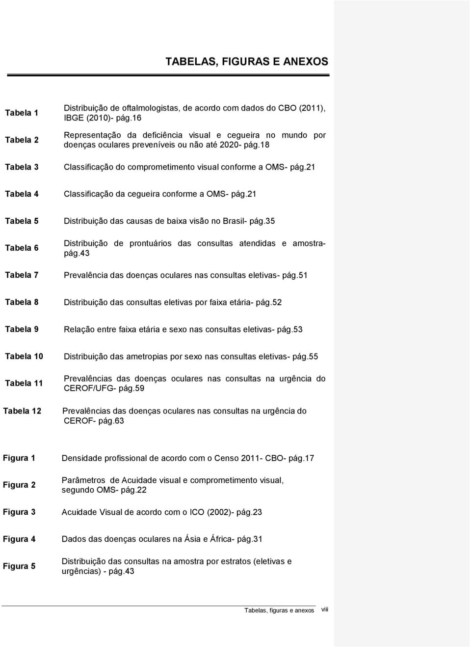 21 Tabela 4 Classificação da cegueira conforme a OMS- pág.21 Tabela 5 Tabela 6 Tabela 7 Distribuição das causas de baixa visão no Brasil- pág.