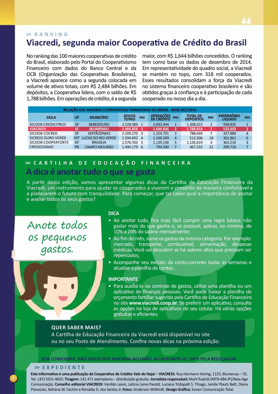 Em depósitos, a Cooperativa lidera, com o saldo de R$ 1,788 bilhões. Em operações de crédito, é a segunda maior, com R$ 1,644 bilhões concedidos. O ranking tem como base os dados de dezembro de 2014.