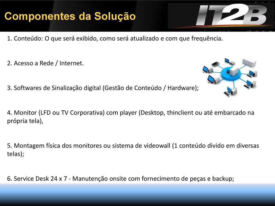 Monitor (LFD ou TV Corporativa) com player (Desktop, thinclient ou até embarcado na própria tela), 5.