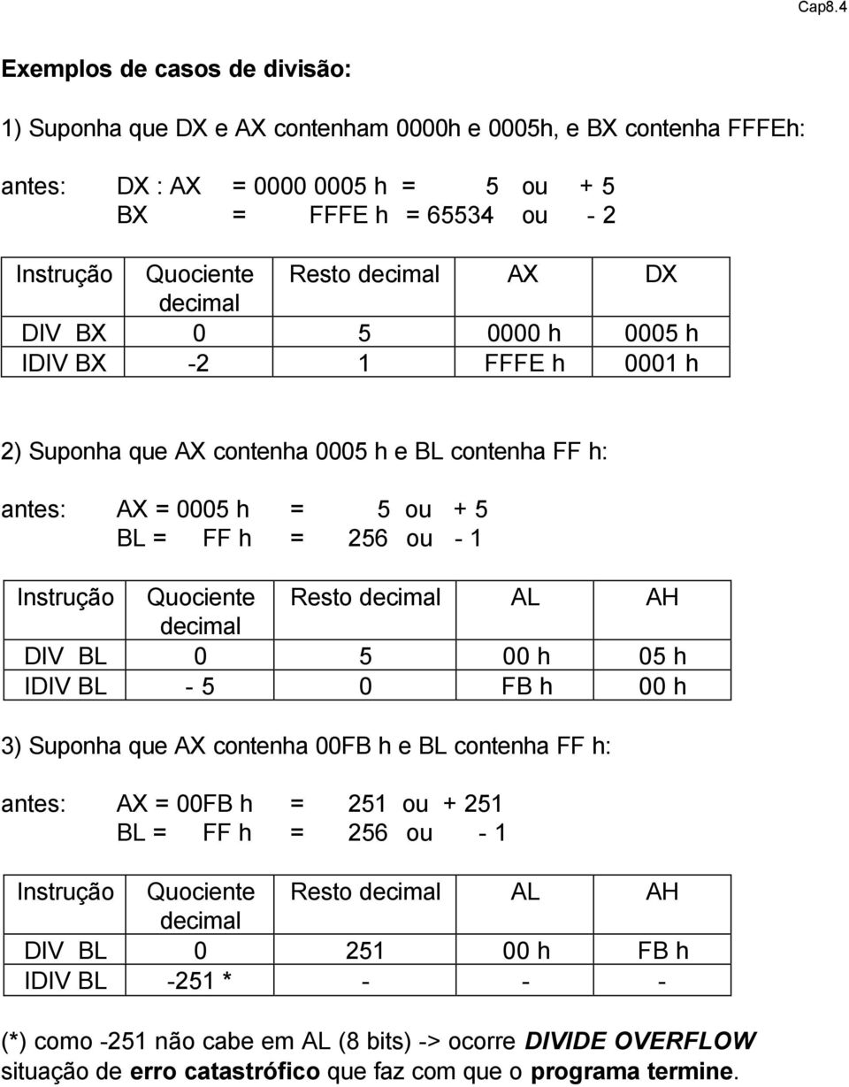 Quociente Resto decimal AL AH decimal DIV BL 0 5 00 h 05 h IDIV BL - 5 0 FB h 00 h 3) Suponha que AX contenha 00FB h e BL contenha FF h: antes: AX = 00FB h = 251 ou + 251 BL = FF h = 256 ou - 1