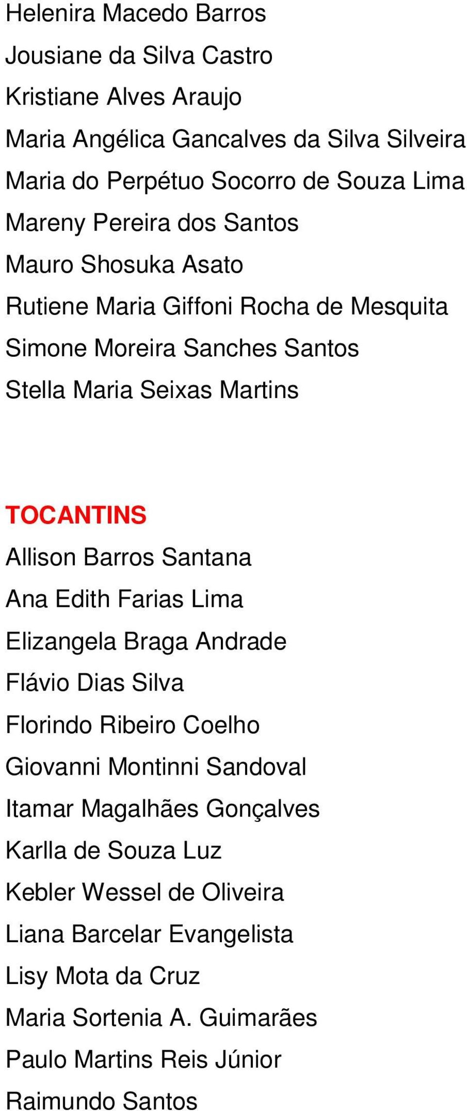 Allison Barros Santana Ana Edith Farias Lima Elizangela Braga Andrade Flávio Dias Silva Florindo Ribeiro Coelho Giovanni Montinni Sandoval Itamar Magalhães