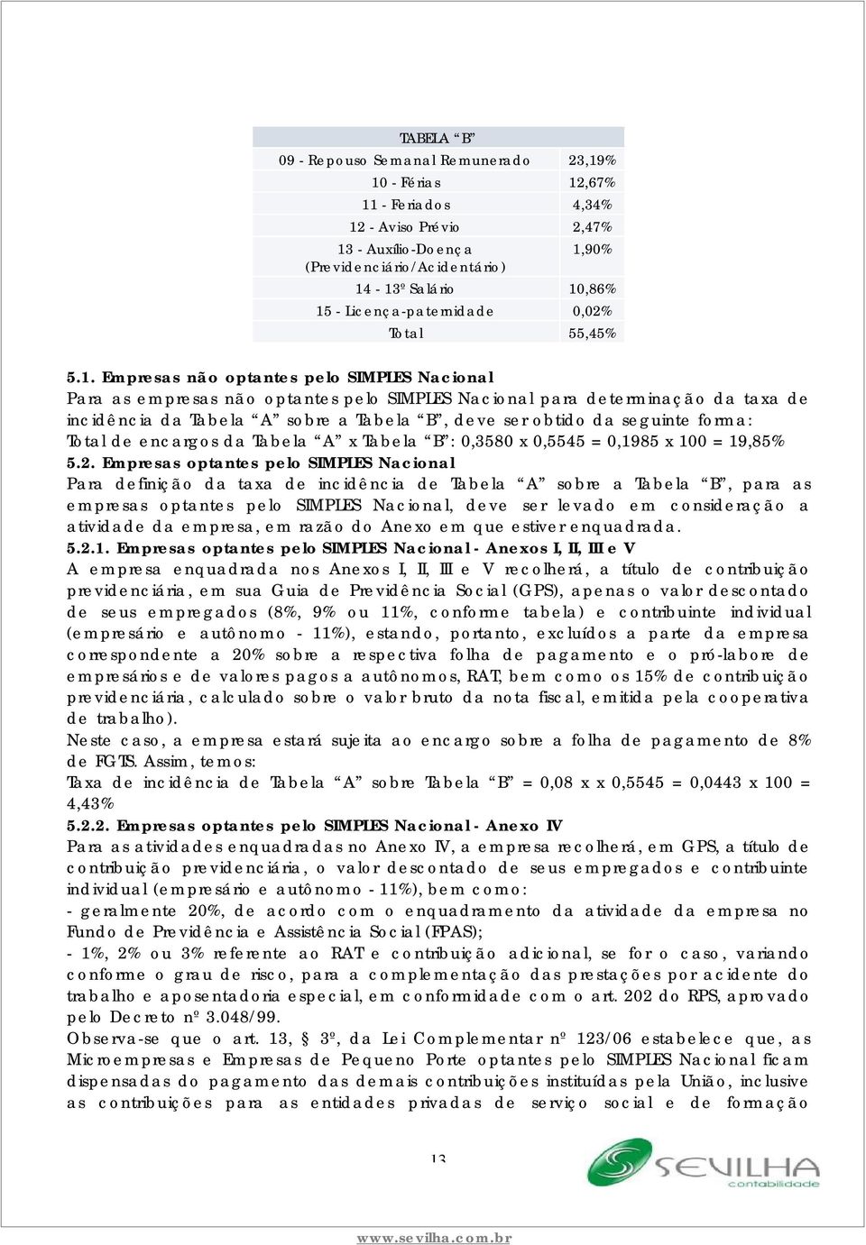 Empresas não optantes pelo SIMPLES Nacional Para as empresas não optantes pelo SIMPLES Nacional para determinação da taxa de incidência da Tabela A sobre a Tabela B, deve ser obtido da seguinte