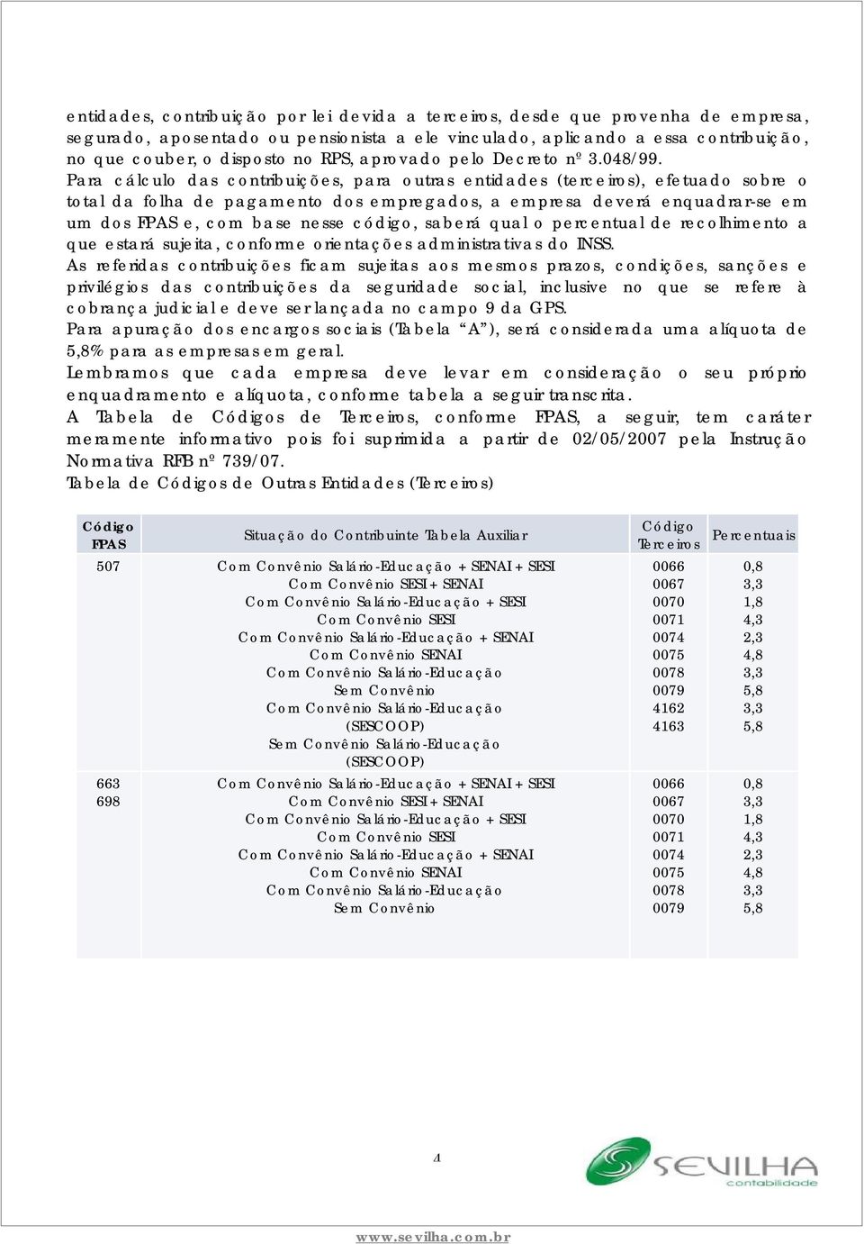 Para cálculo das contribuições, para outras entidades (terceiros), efetuado sobre o total da folha de pagamento dos empregados, a empresa deverá enquadrar-se em um dos FPAS e, com base nesse código,