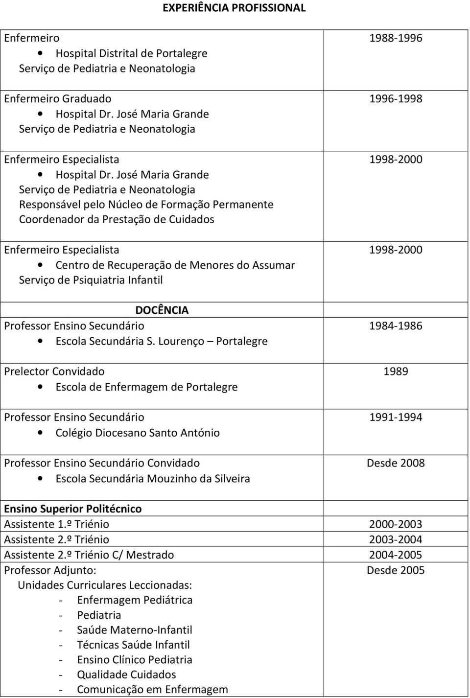 Infantil DOCÊNCIA Professor Ensino Secundário Escola Secundária S.