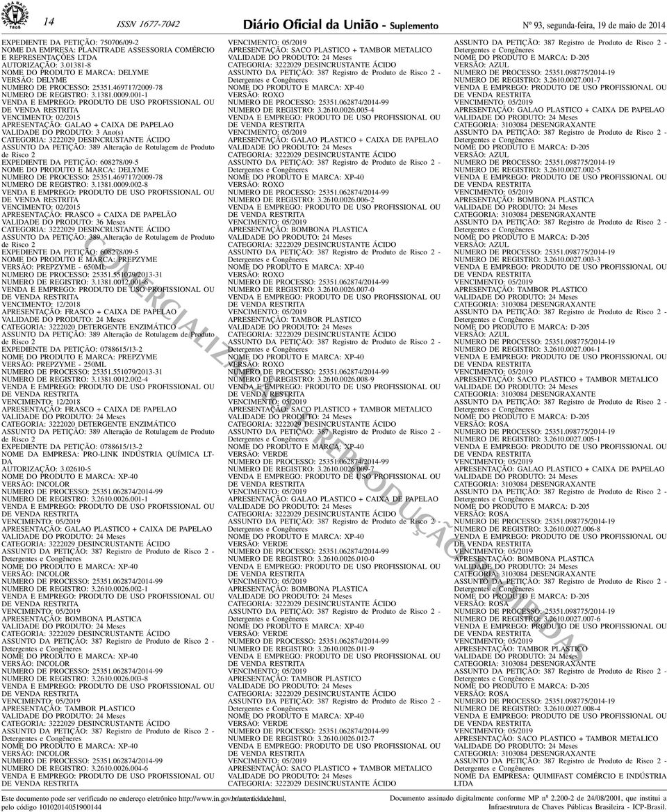 Ano(s) CATEGORIA: 3222029 DESINCRUSTANTE ÁCIDO ASSUNTO DA PETIÇÃO: 389 Alteração de Rotulagem de Produto EXPEDIENTE DA PETIÇÃO: 608278/09-5 NOME DO PRODUTO E MARCA: DELYME NUMERO DE PROCESSO: