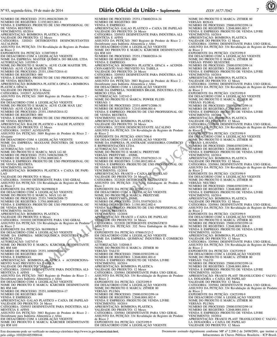 LEGISLAÇÃO VIGENTE NOME DA EMPRESA: MASTER QUÍMICA DO BRASIL LTDA AUTORIZAÇÃO: 303599-5 NOME DO PRODUTO E MARCA: ALVE CLOR MASTER TPL VERSÃO: ALVE CLOR MASTER TPL NUMERO DE PROCESSO: