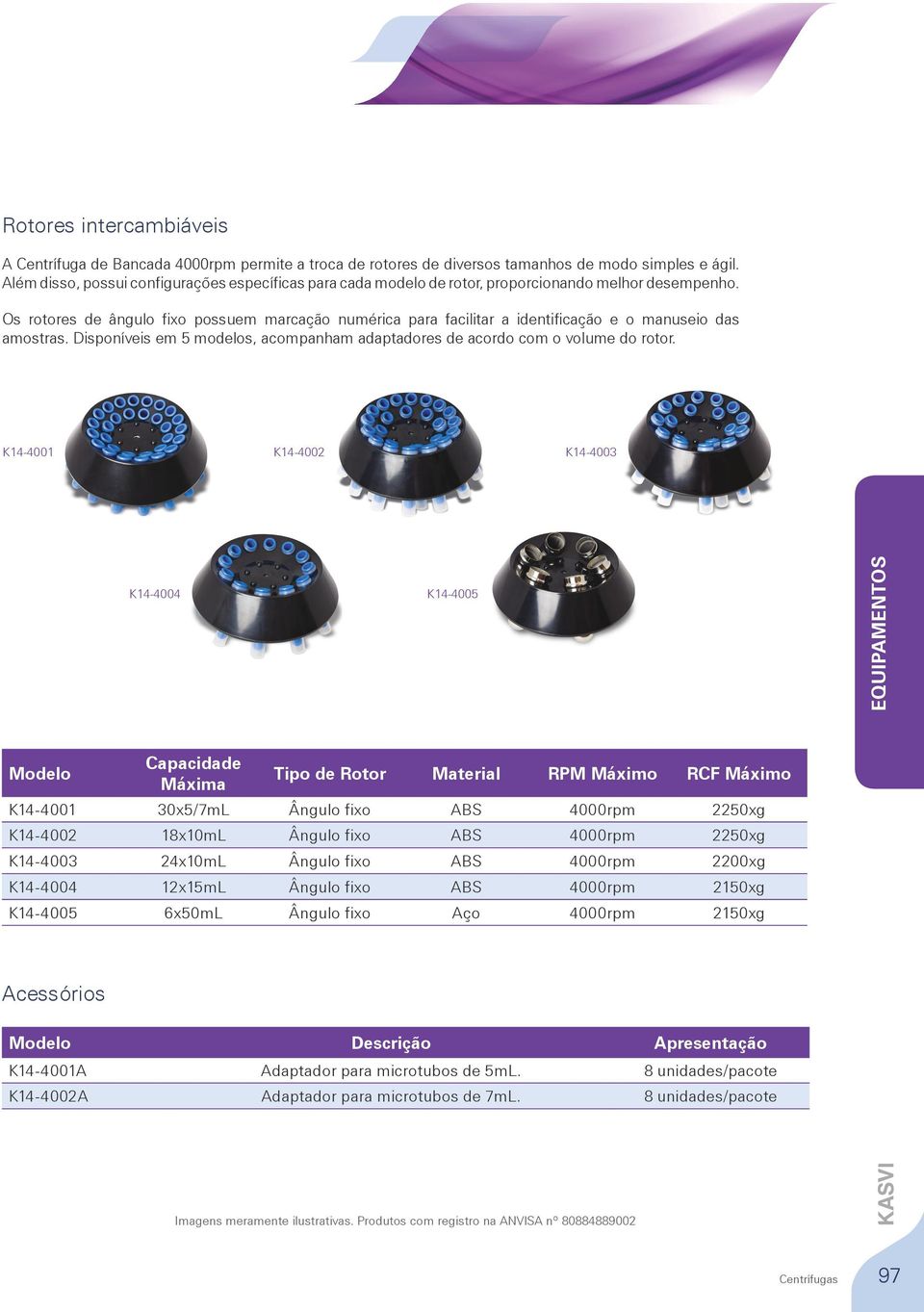 Os rotores de ângulo fixo possuem marcação numérica para facilitar a identificação e o manuseio das amostras. Disponíveis em 5 modelos, acompanham adaptadores de acordo com o volume do rotor.